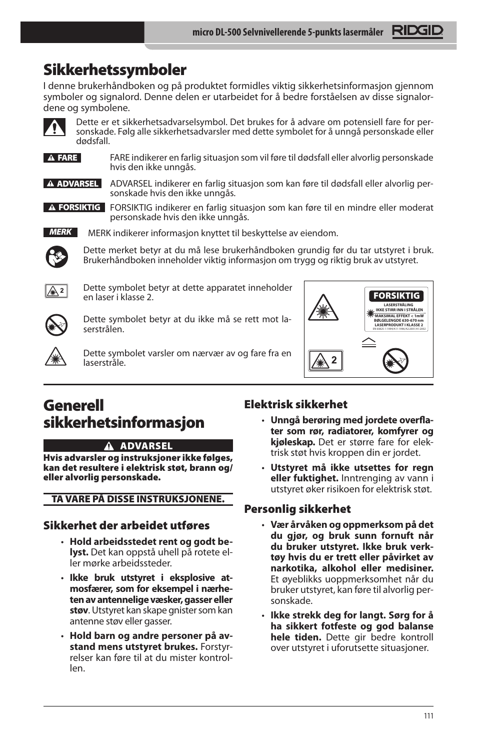 Sikkerhetssymboler, Generell sikkerhetsinformasjon, Sikkerhet der arbeidet utføres | Elektrisk sikkerhet, Personlig sikkerhet | RIDGID micro DL-500 User Manual | Page 113 / 270