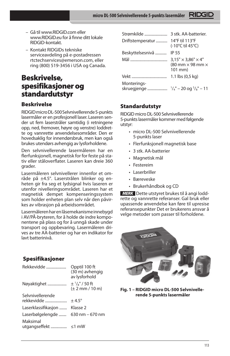 Beskrivelse, spesifikasjoner og standardutstyr, Beskrivelse, Spesifikasjoner | Standardutstyr | RIDGID micro DL-500 User Manual | Page 115 / 270