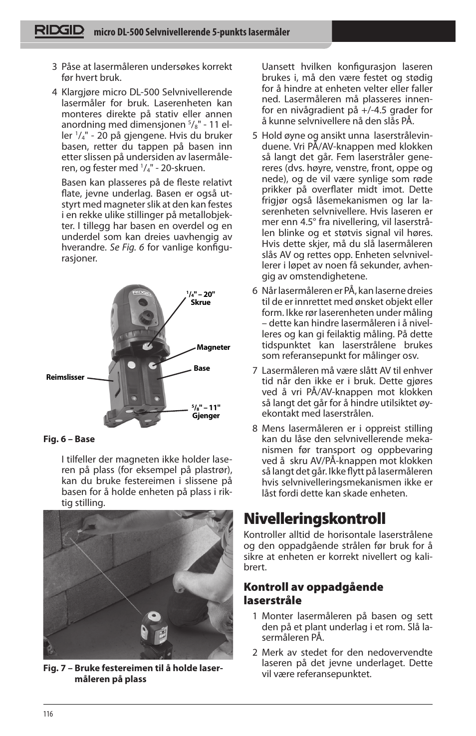 Nivelleringskontroll, Kontroll av oppadgående laserstråle | RIDGID micro DL-500 User Manual | Page 118 / 270
