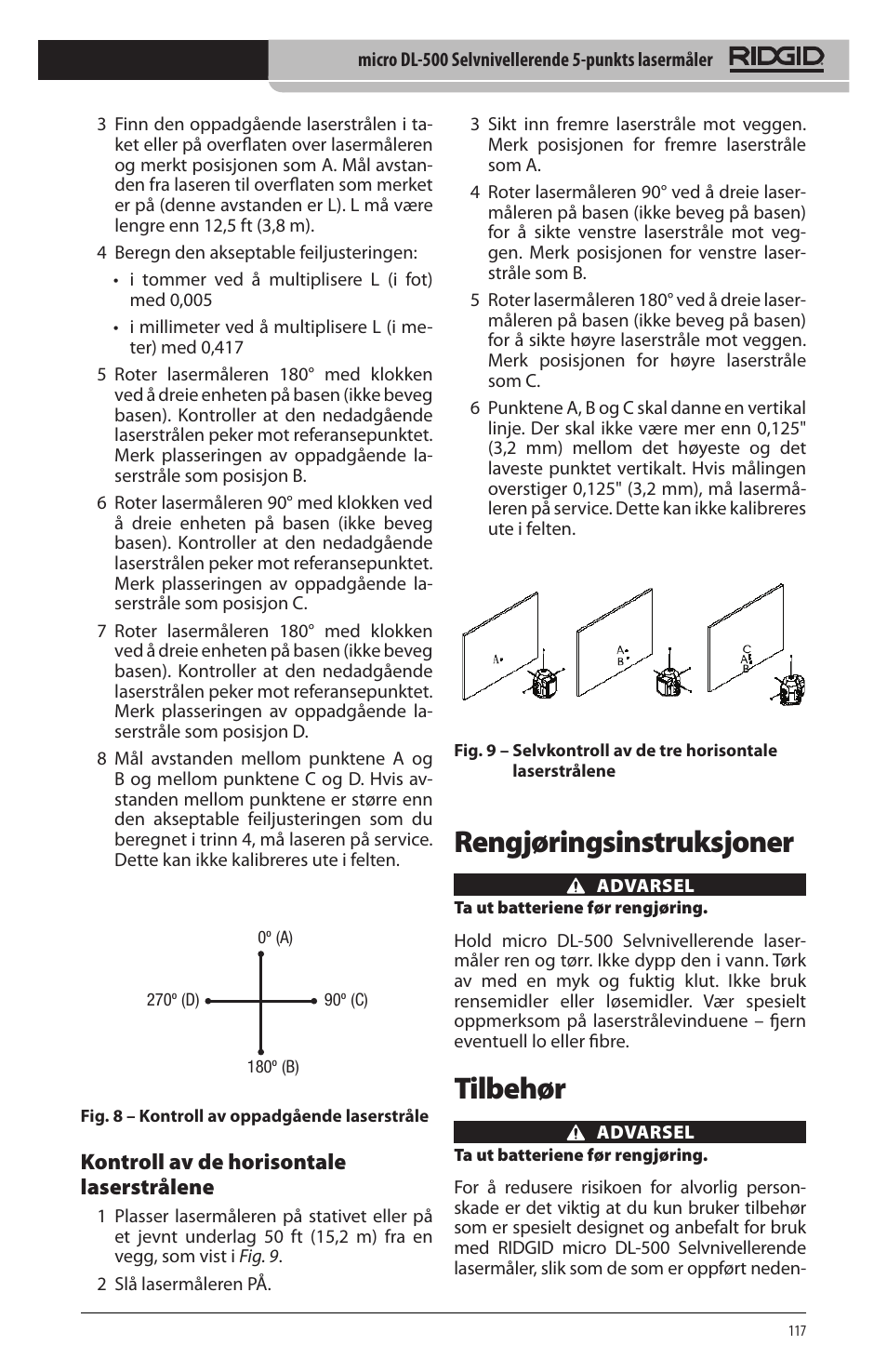 Rengjøringsinstruksjoner, Tilbehør, Kontroll av de horisontale laserstrålene | RIDGID micro DL-500 User Manual | Page 119 / 270