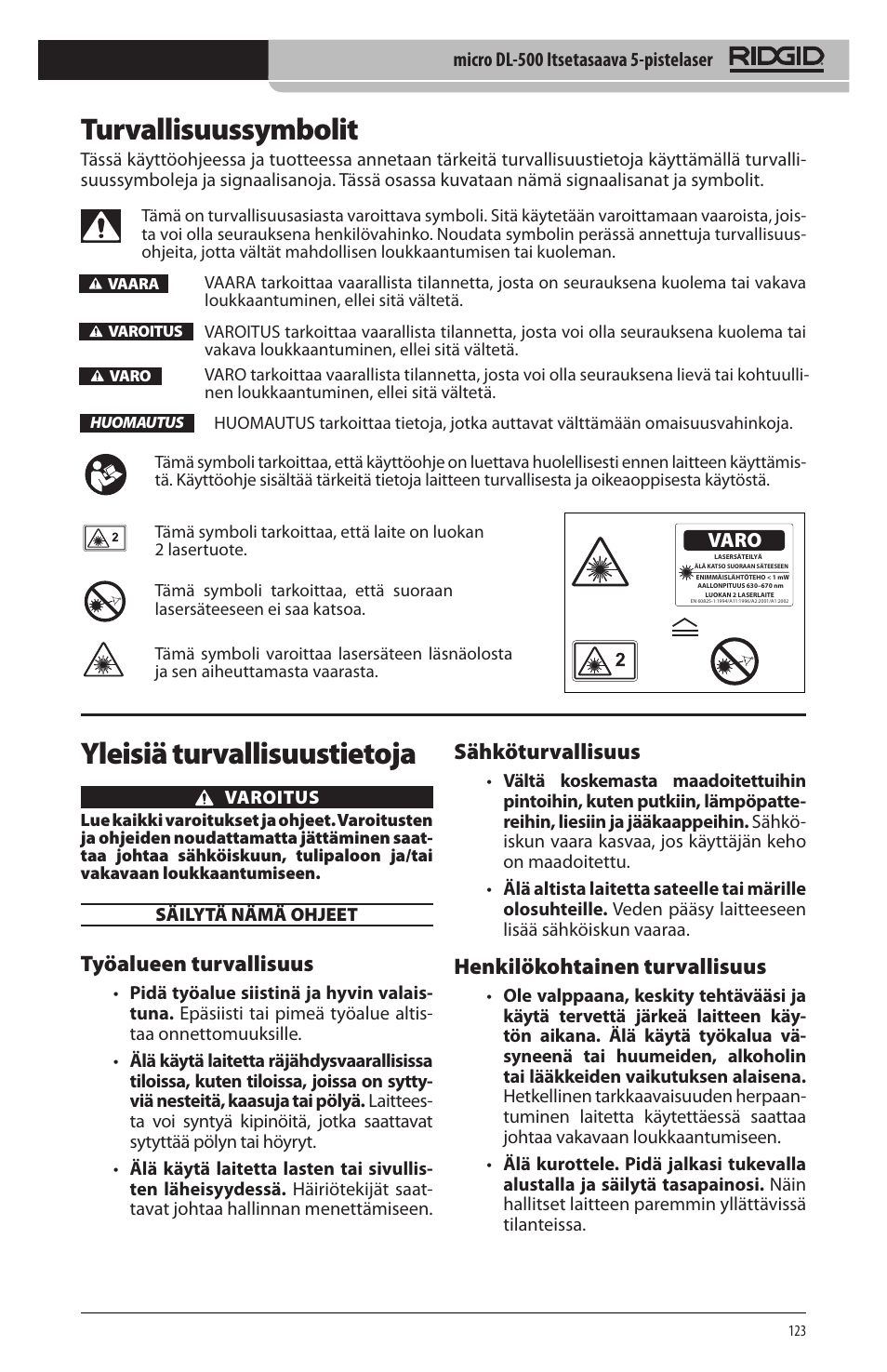 Turvallisuussymbolit, Yleisiä turvallisuustietoja, Työalueen turvallisuus | Sähköturvallisuus, Henkilökohtainen turvallisuus | RIDGID micro DL-500 User Manual | Page 125 / 270