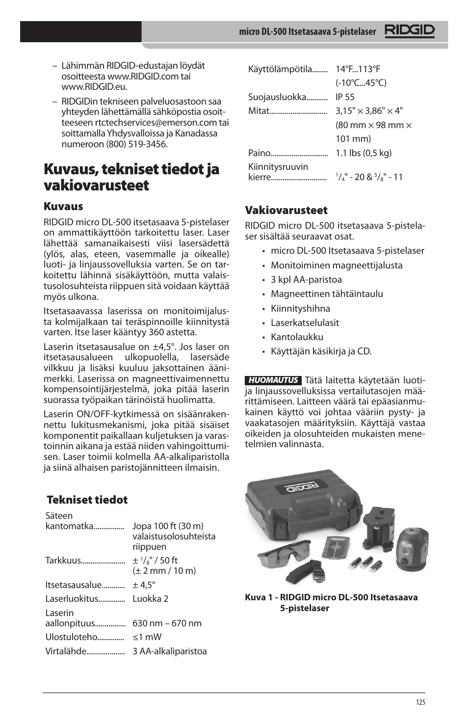 Kuvaus, tekniset tiedot ja vakiovarusteet, Kuvaus, Tekniset tiedot | Vakiovarusteet | RIDGID micro DL-500 User Manual | Page 127 / 270