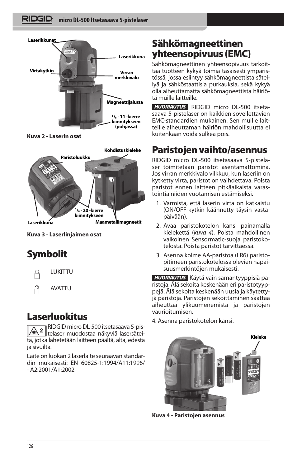 Symbolit, Laserluokitus, Sähkömagneettinen yhteensopivuus (emc) | Paristojen vaihto/asennus | RIDGID micro DL-500 User Manual | Page 128 / 270