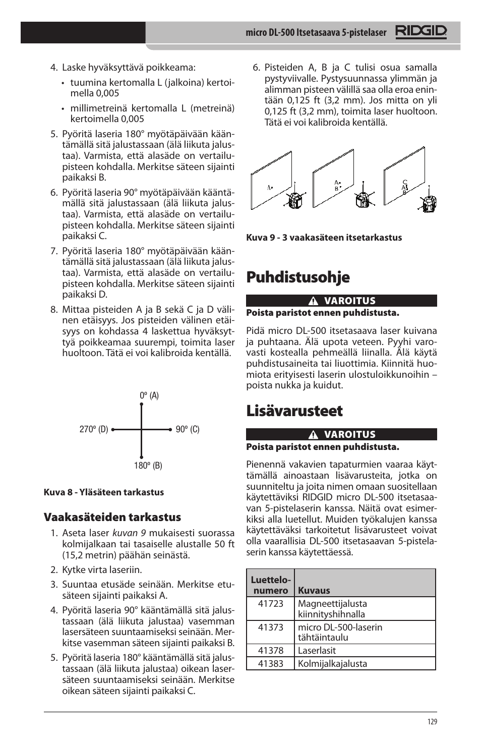 Puhdistusohje, Lisävarusteet, Vaakasäteiden tarkastus | RIDGID micro DL-500 User Manual | Page 131 / 270