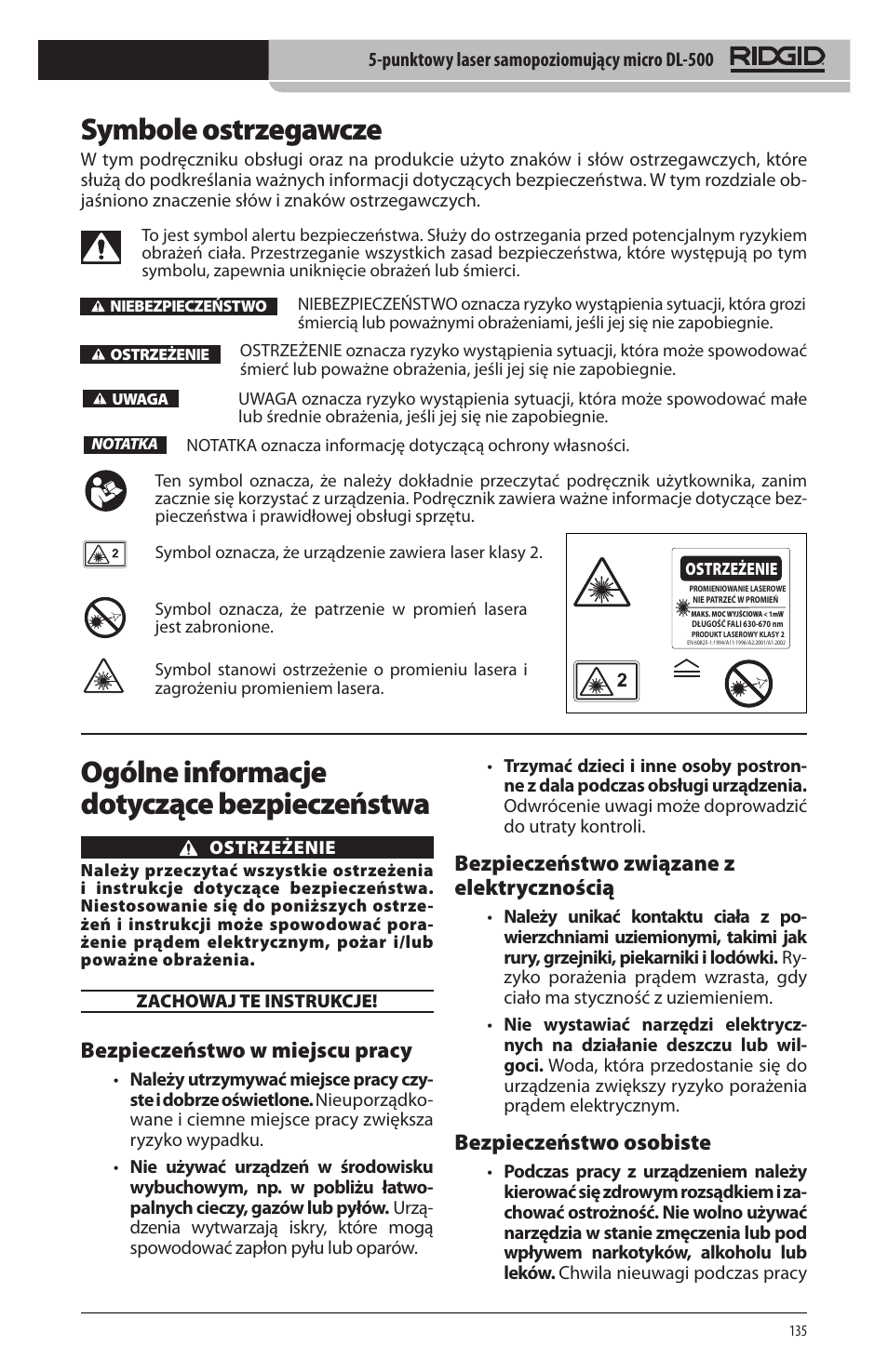 Symbole ostrzegawcze, Ogólne informacje dotyczące bezpieczeństwa, Bezpieczeństwo w miejscu pracy | Bezpieczeństwo związane z elektrycznością, Bezpieczeństwo osobiste | RIDGID micro DL-500 User Manual | Page 137 / 270