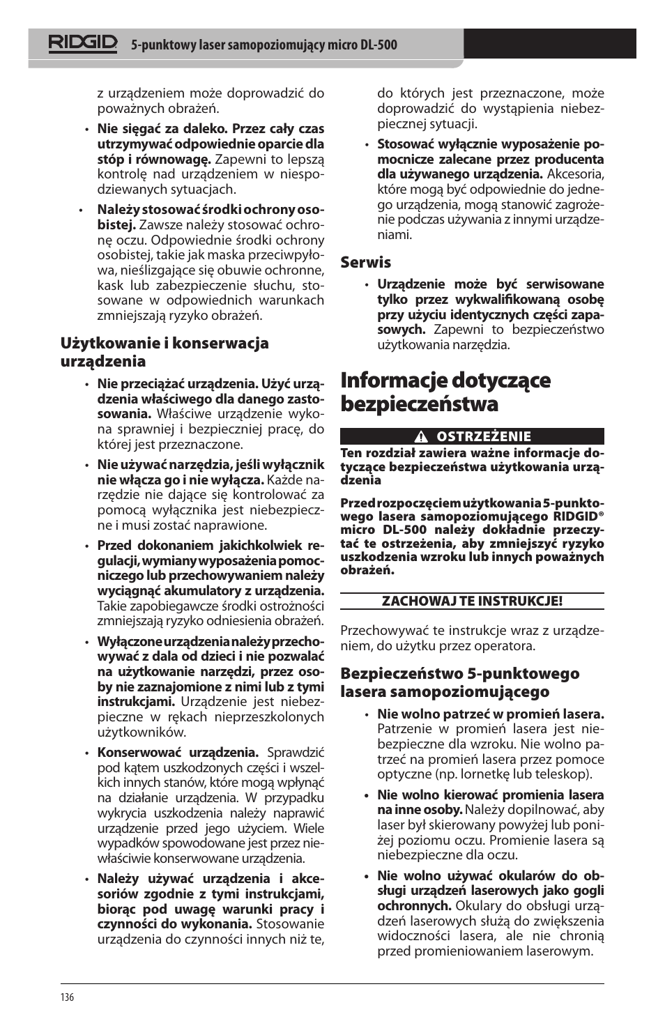 Informacje dotyczące bezpieczeństwa, Użytkowanie i konserwacja urządzenia, Serwis | RIDGID micro DL-500 User Manual | Page 138 / 270