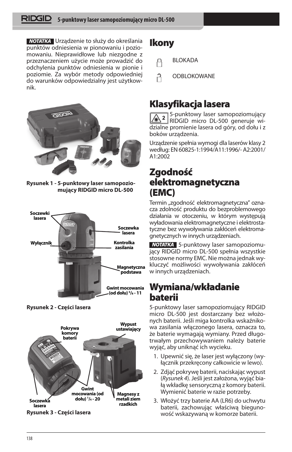 Ikony, Klasyfikacja lasera, Zgodność elektromagnetyczna (emc) | Wymiana/wkładanie baterii | RIDGID micro DL-500 User Manual | Page 140 / 270