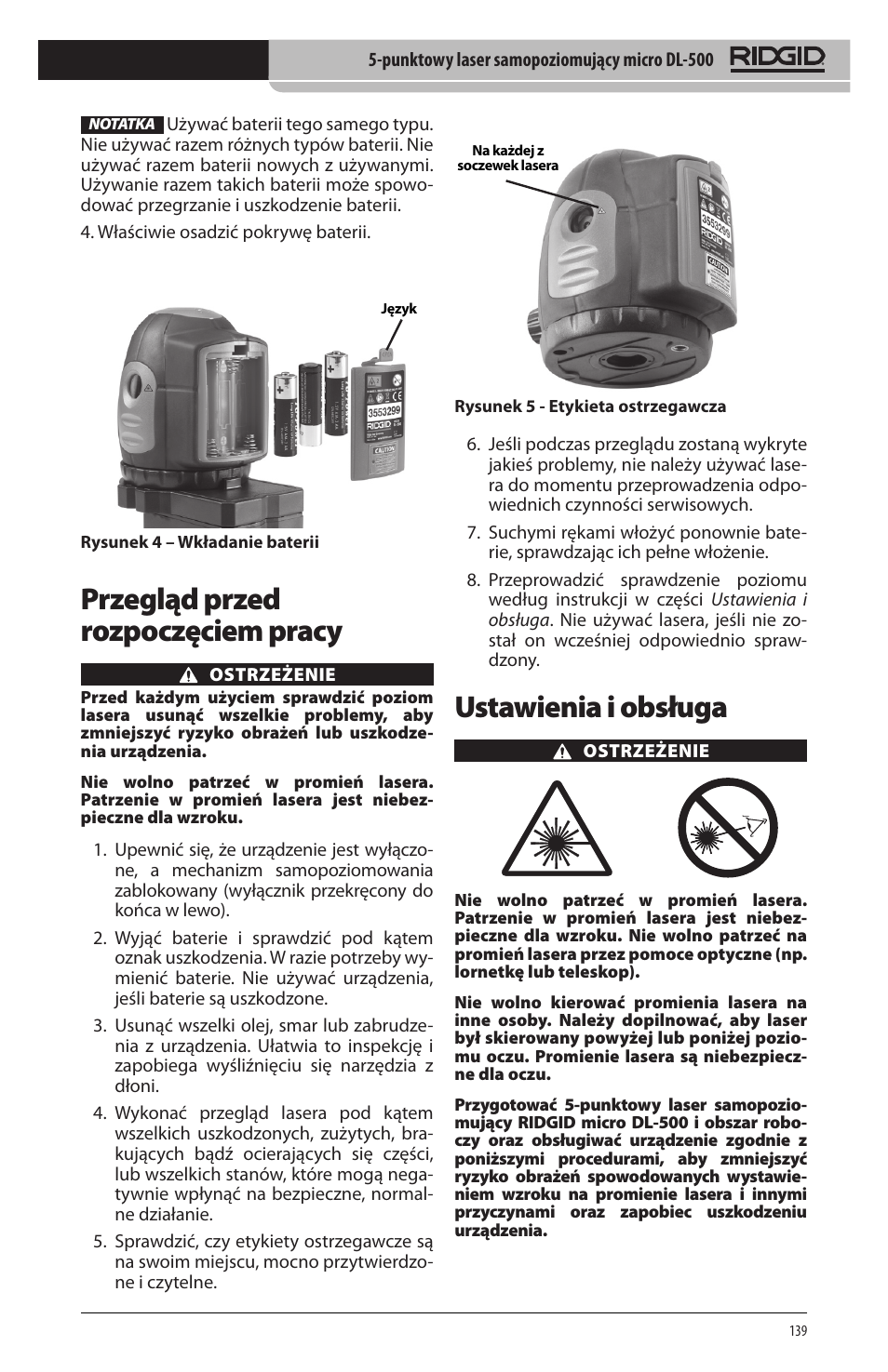 Ustawienia i obsługa, Przegląd przed rozpoczęciem pracy | RIDGID micro DL-500 User Manual | Page 141 / 270