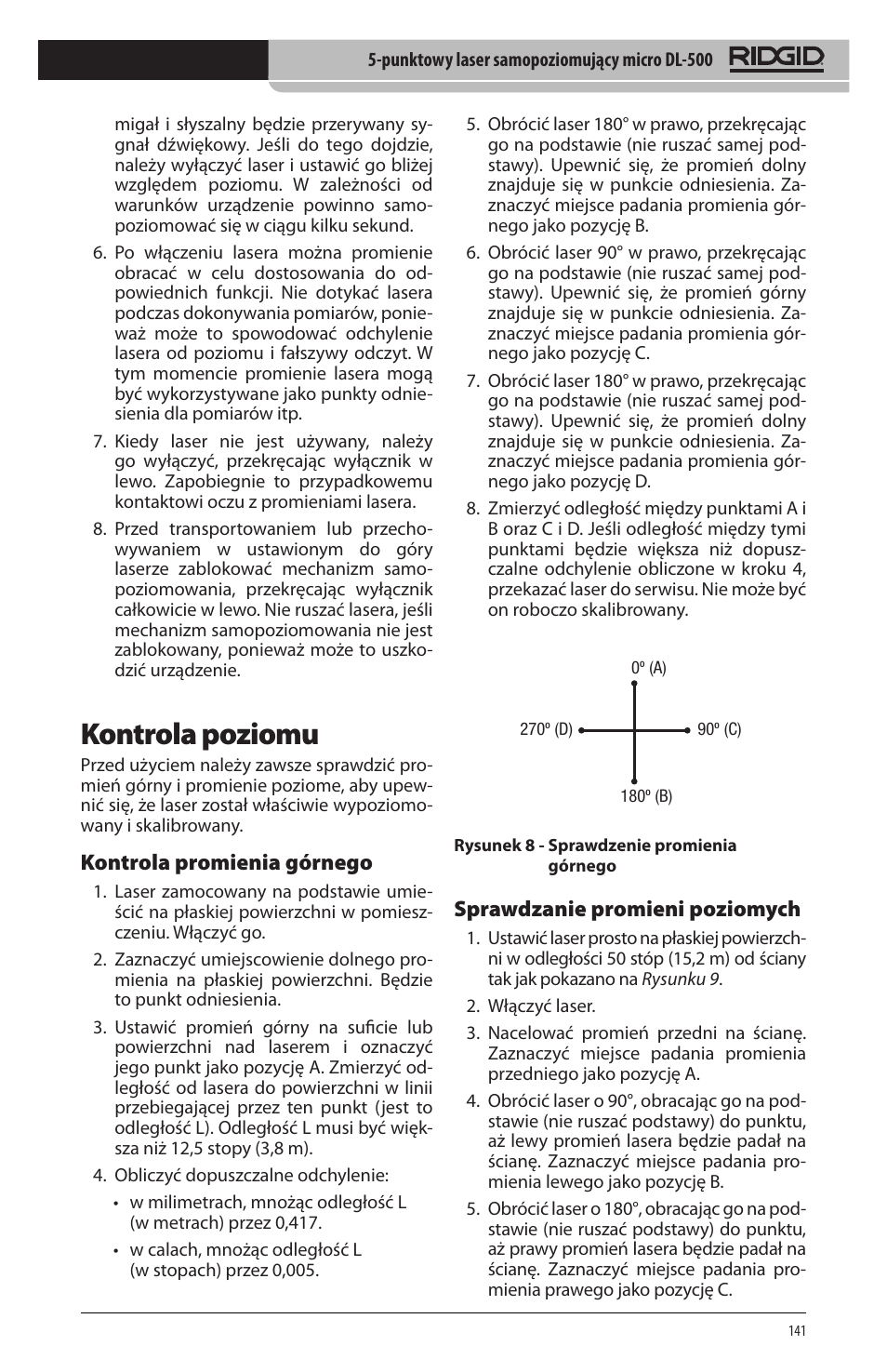 Kontrola poziomu, Kontrola promienia górnego, Sprawdzanie promieni poziomych | RIDGID micro DL-500 User Manual | Page 143 / 270