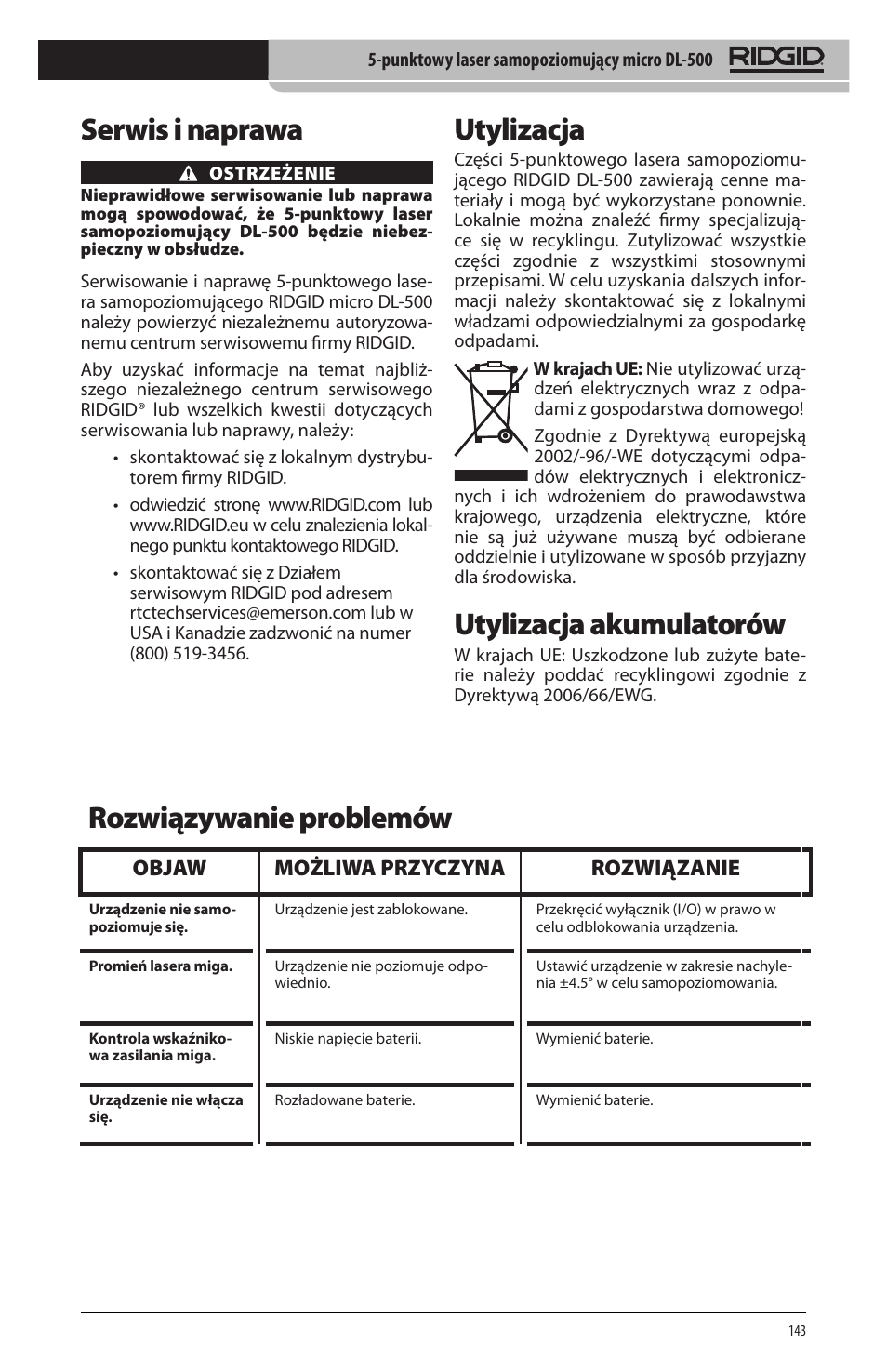 Serwis i naprawa, Utylizacja, Utylizacja akumulatorów | Rozwiązywanie problemów, Objaw możliwa przyczyna rozwiązanie | RIDGID micro DL-500 User Manual | Page 145 / 270