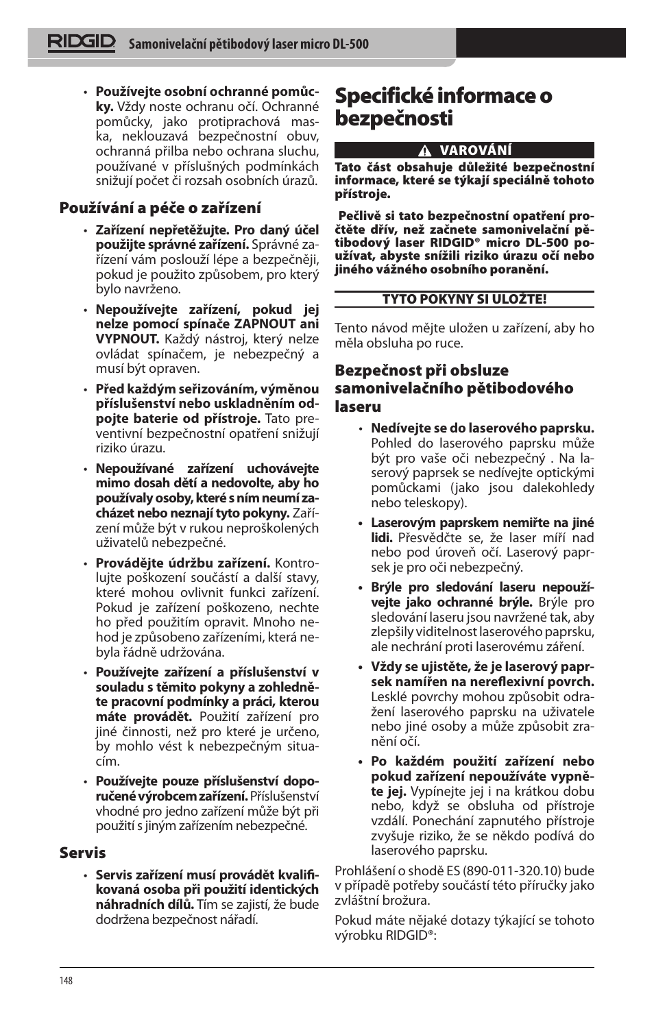 Specifické informace o bezpečnosti, Používání a péče o zařízení, Servis | RIDGID micro DL-500 User Manual | Page 150 / 270