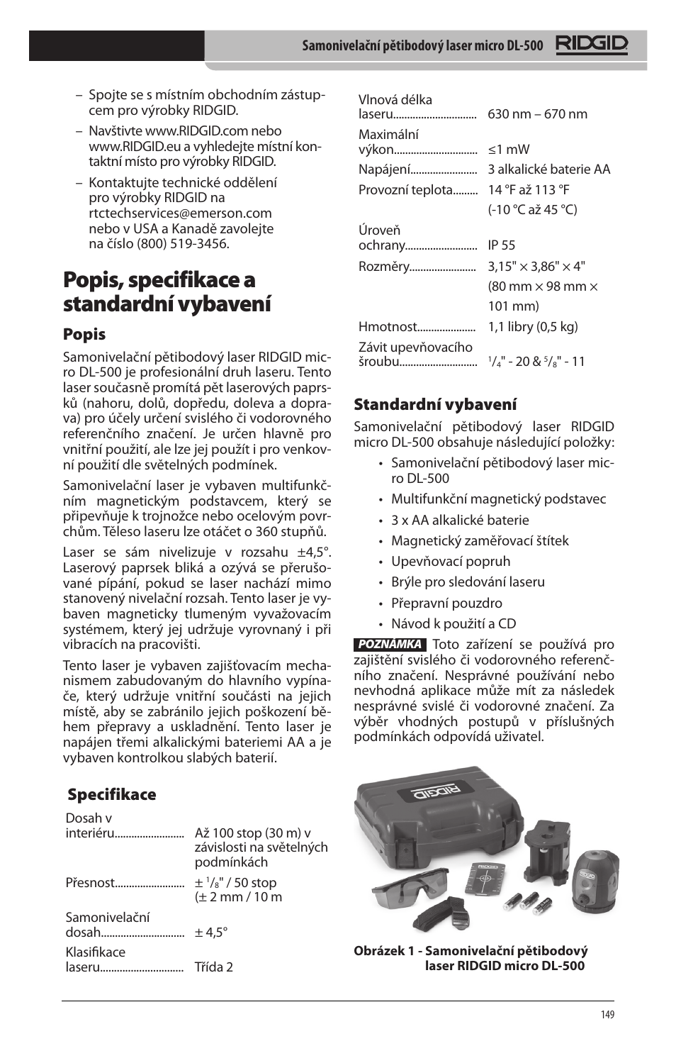 Popis, specifikace a standardní vybavení, Popis, Specifikace | Standardní vybavení | RIDGID micro DL-500 User Manual | Page 151 / 270