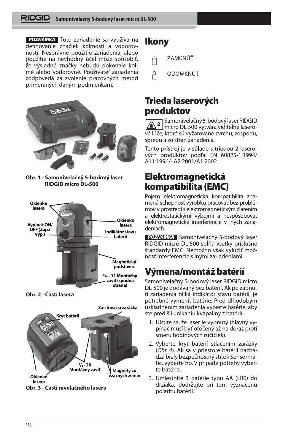 Ikony, Trieda laserových produktov, Elektromagnetická kompatibilita (emc) | Výmena/montáž batérií | RIDGID micro DL-500 User Manual | Page 164 / 270