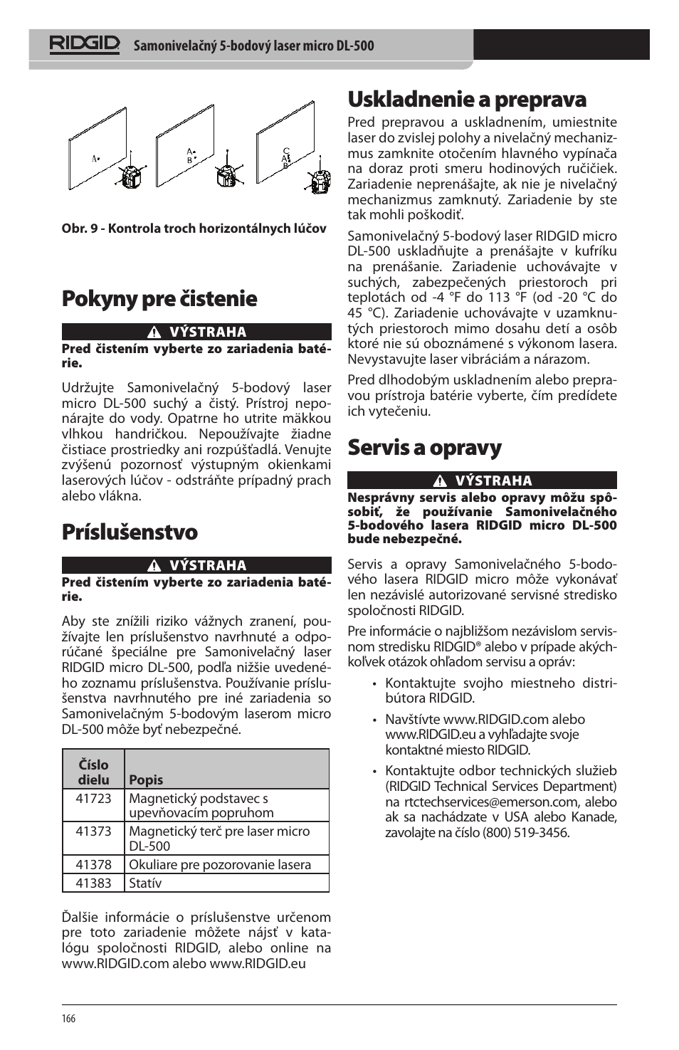 Pokyny pre čistenie, Príslušenstvo, Uskladnenie a preprava | Servis a opravy | RIDGID micro DL-500 User Manual | Page 168 / 270