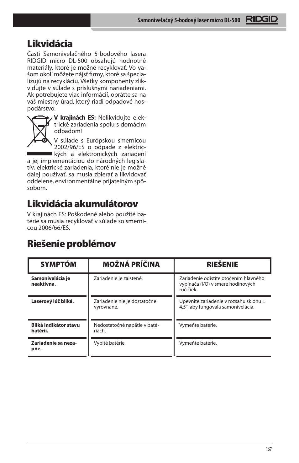 Likvidácia, Likvidácia akumulátorov, Riešenie problémov | Symptóm možná príčina riešenie | RIDGID micro DL-500 User Manual | Page 169 / 270