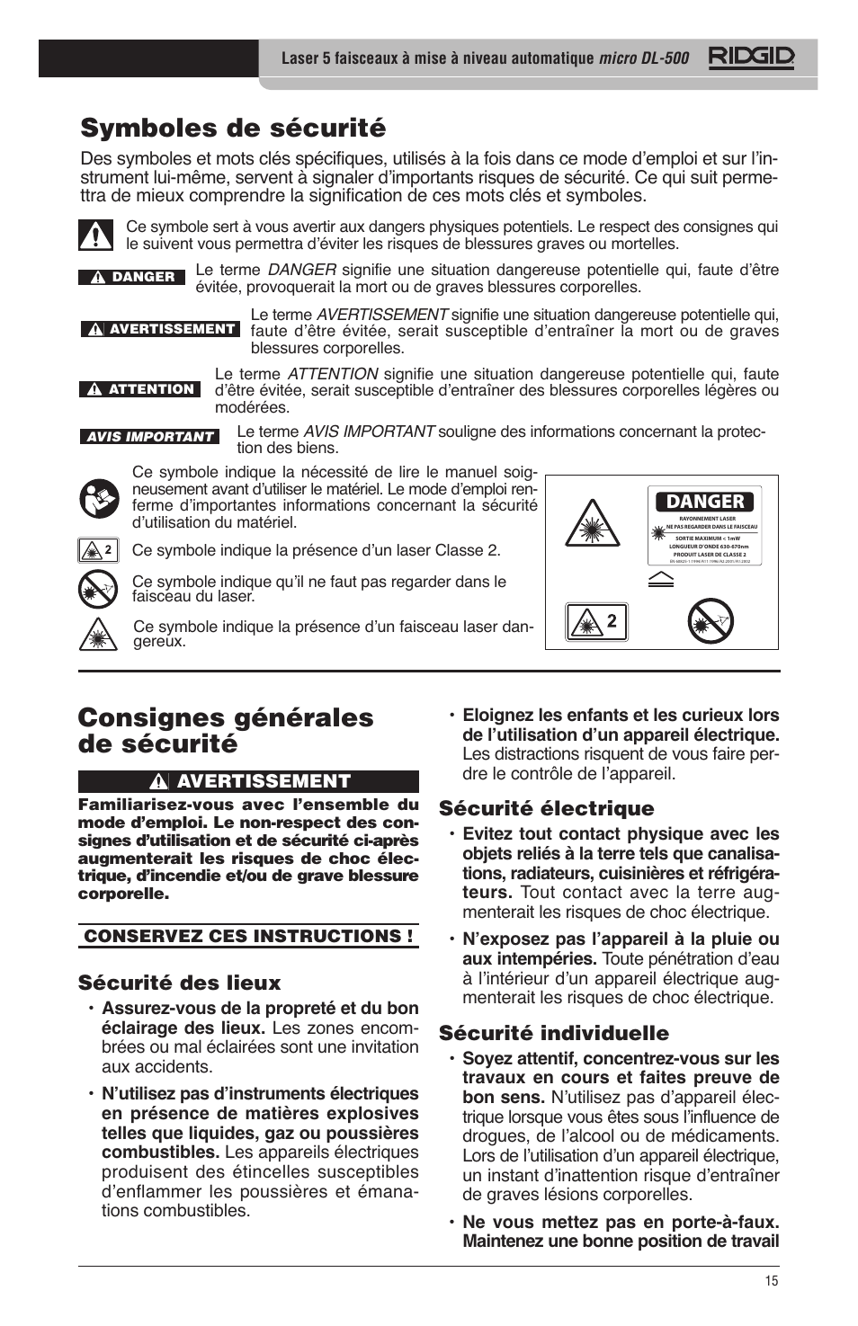 Symboles de sécurité, Consignes générales de sécurité, Sécurité électrique | Sécurité individuelle, Sécurité des lieux, Danger | RIDGID micro DL-500 User Manual | Page 17 / 270