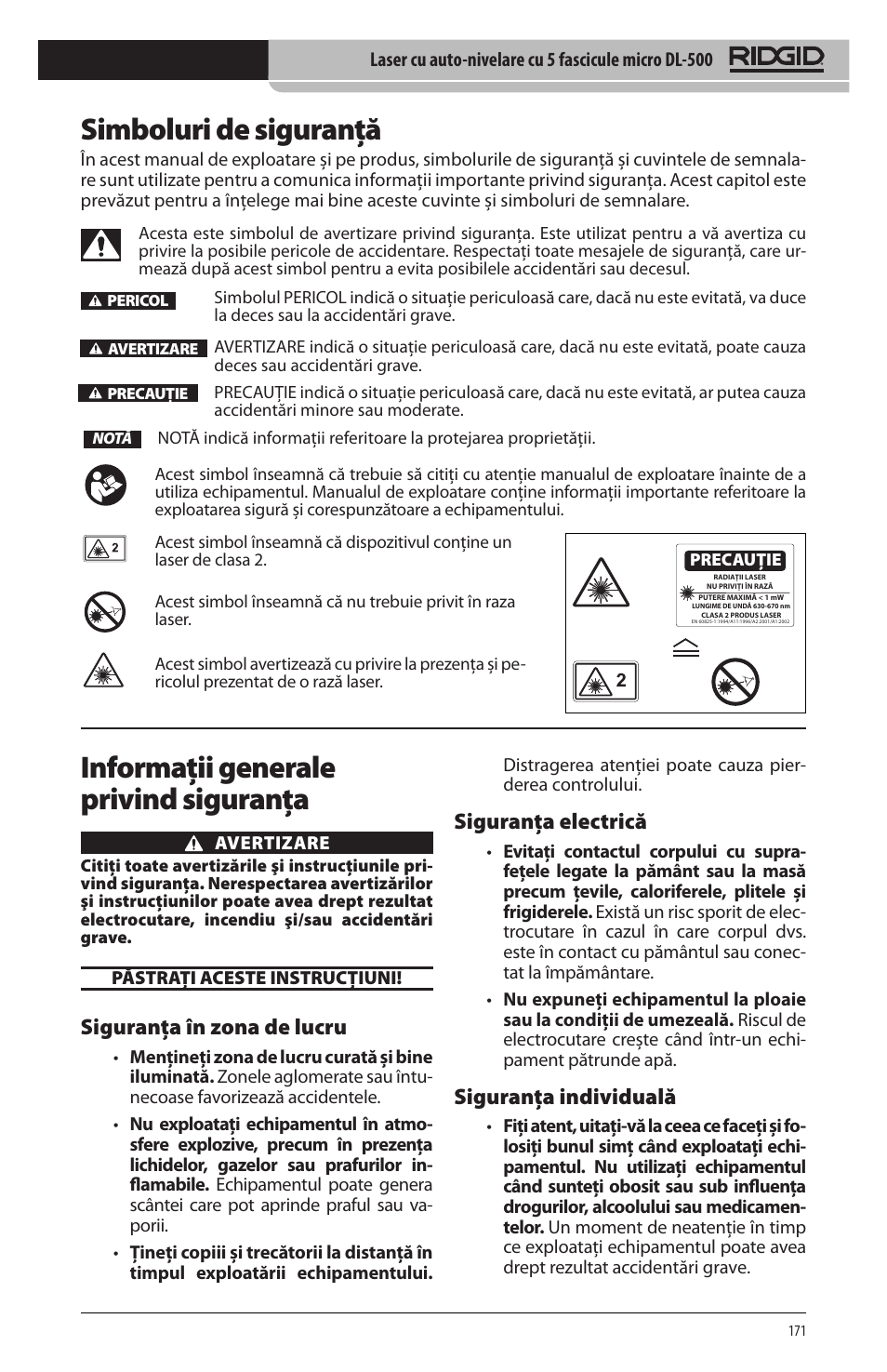 Simboluri de siguranţă, Informaţii generale privind siguranţa, Siguranţa în zona de lucru | Siguranţa electrică, Siguranţa individuală | RIDGID micro DL-500 User Manual | Page 173 / 270