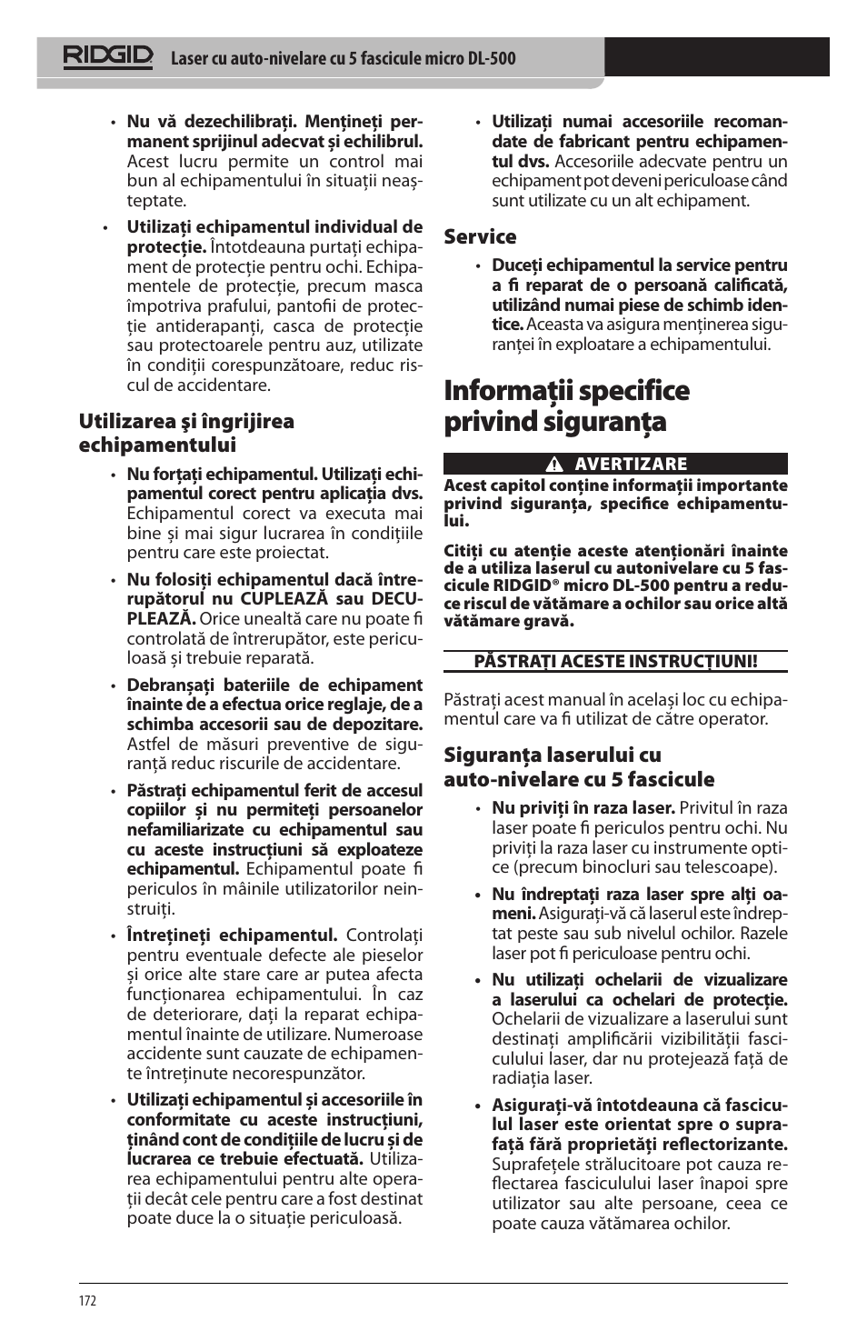 Informaţii specifice privind siguranţa, Utilizarea şi îngrijirea echipamentului, Service | RIDGID micro DL-500 User Manual | Page 174 / 270