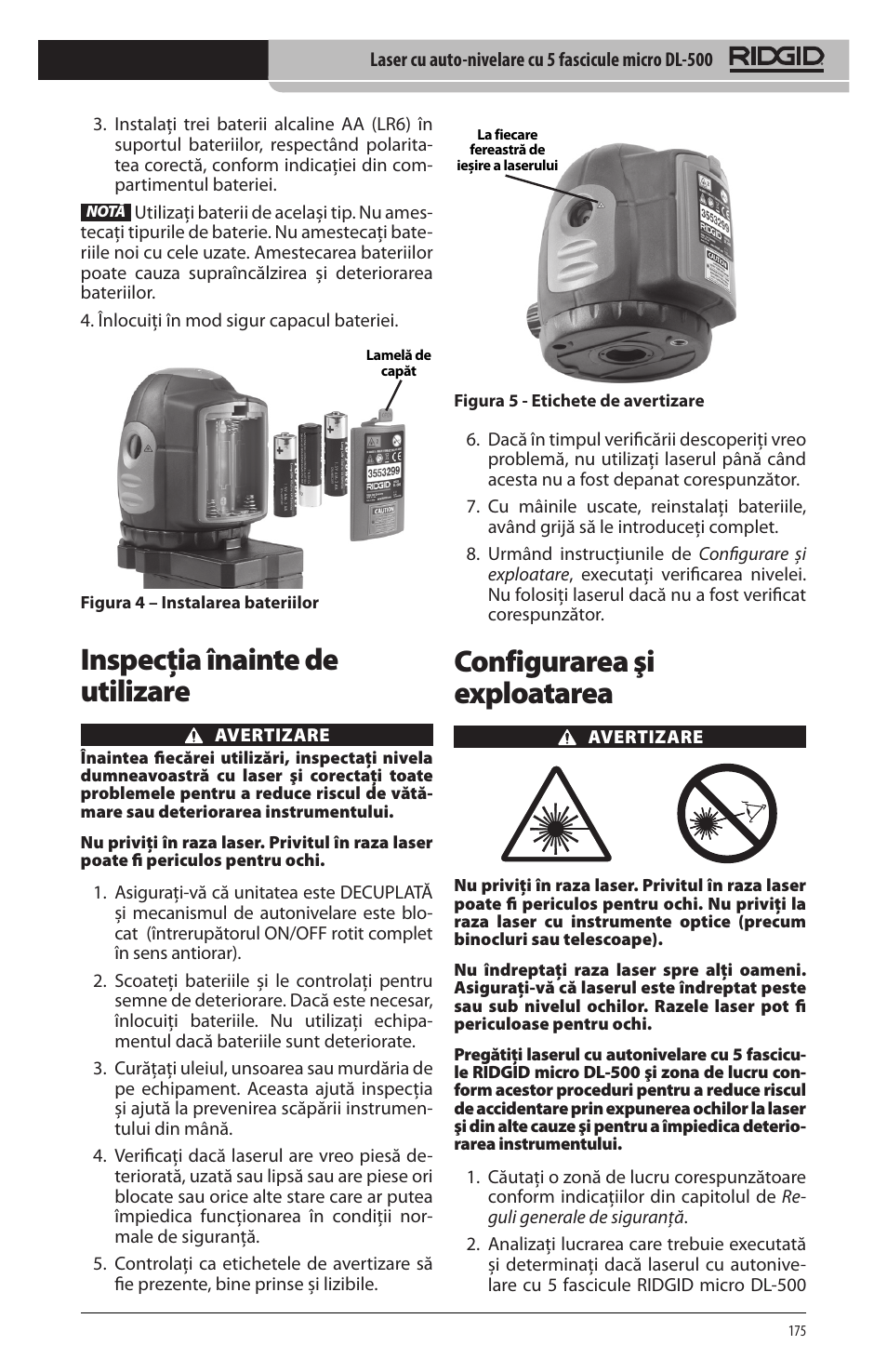 Configurarea şi exploatarea, Inspecţia înainte de utilizare | RIDGID micro DL-500 User Manual | Page 177 / 270