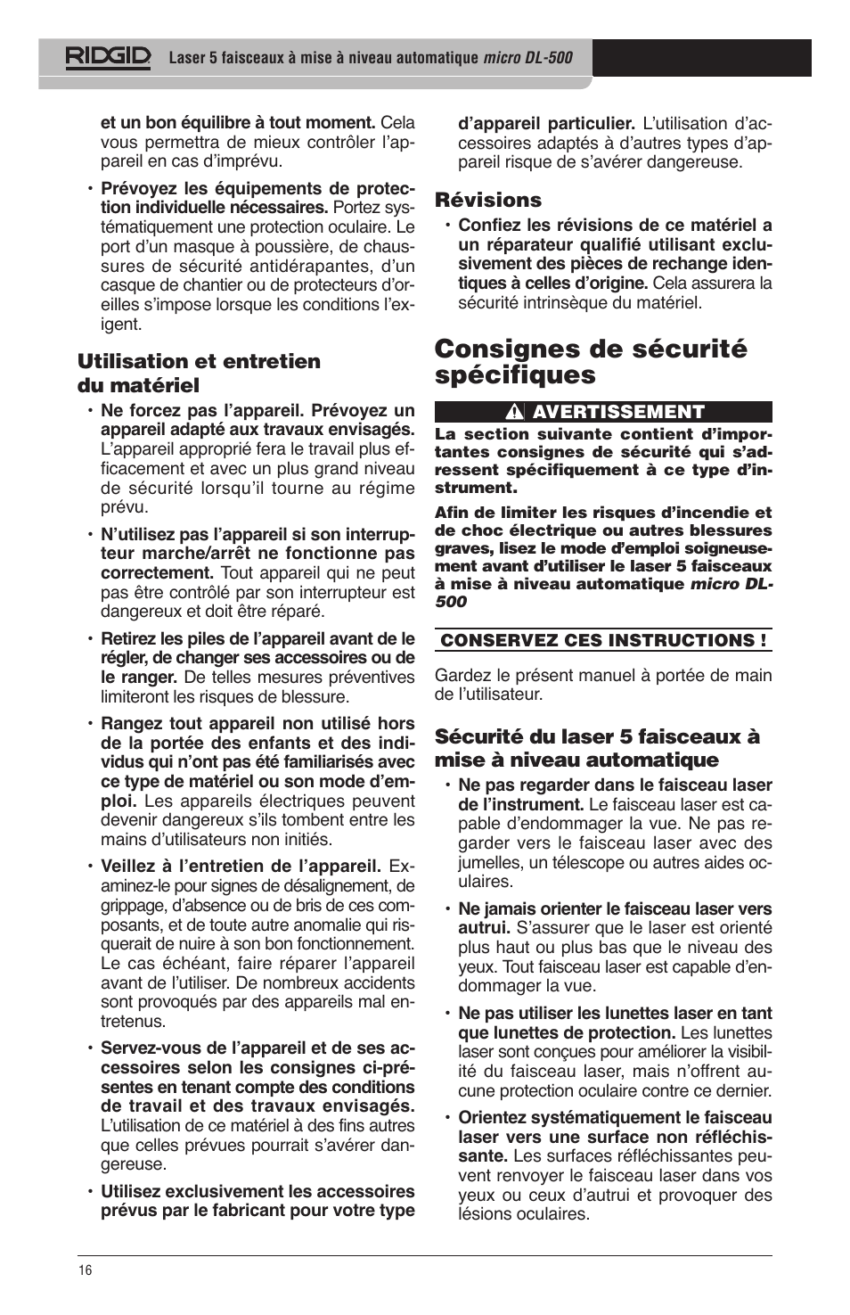 Consignes de sécurité spécifiques | RIDGID micro DL-500 User Manual | Page 18 / 270