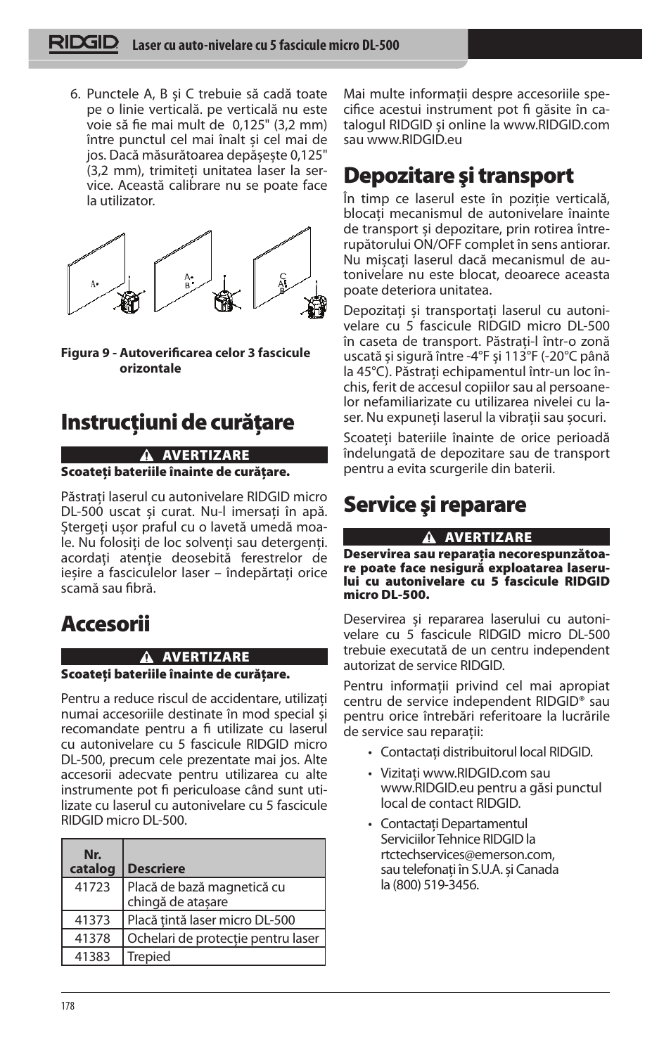 Instrucţiuni de curăţare, Accesorii, Depozitare şi transport | Service şi reparare | RIDGID micro DL-500 User Manual | Page 180 / 270