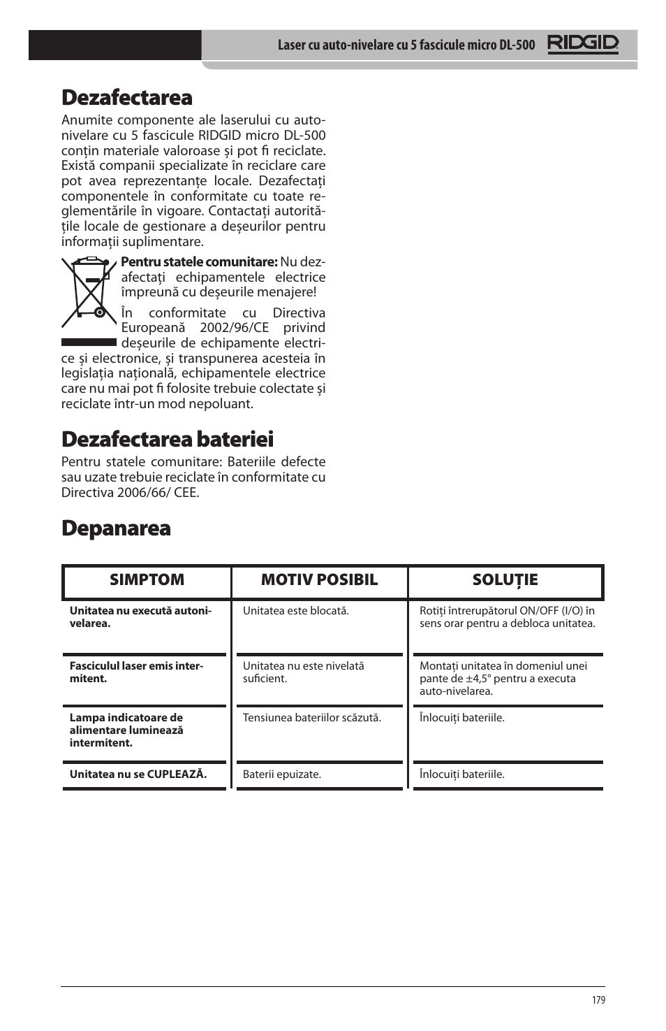 Dezafectarea, Dezafectarea bateriei, Depanarea | Simptom motiv posibil soluţie | RIDGID micro DL-500 User Manual | Page 181 / 270