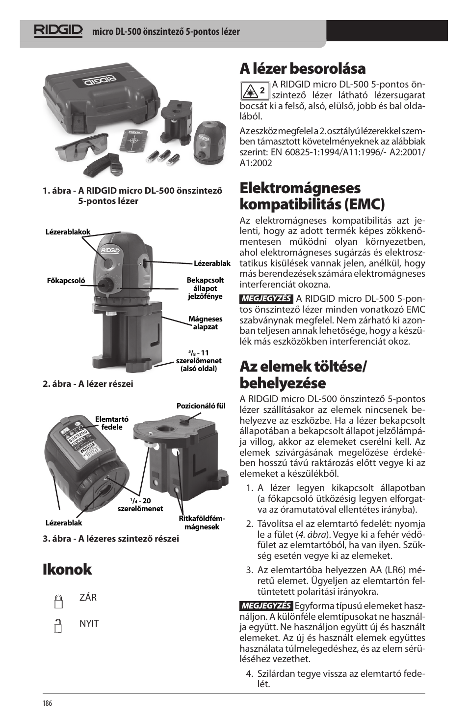 Ikonok, A lézer besorolása, Elektromágneses kompatibilitás (emc) | Az elemek töltése/ behelyezése | RIDGID micro DL-500 User Manual | Page 188 / 270