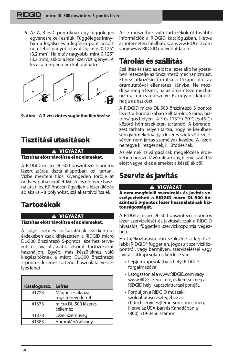 Tisztítási utasítások, Tartozékok, Tárolás és szállítás | Szerviz és javítás | RIDGID micro DL-500 User Manual | Page 192 / 270