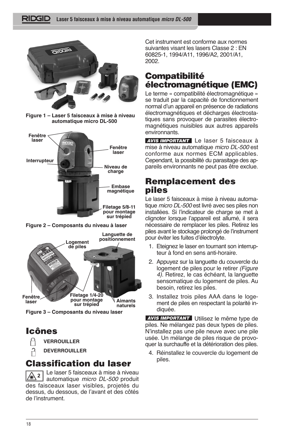 Compatibilité électromagnétique (emc), Remplacement des piles, Icônes classification du laser | RIDGID micro DL-500 User Manual | Page 20 / 270