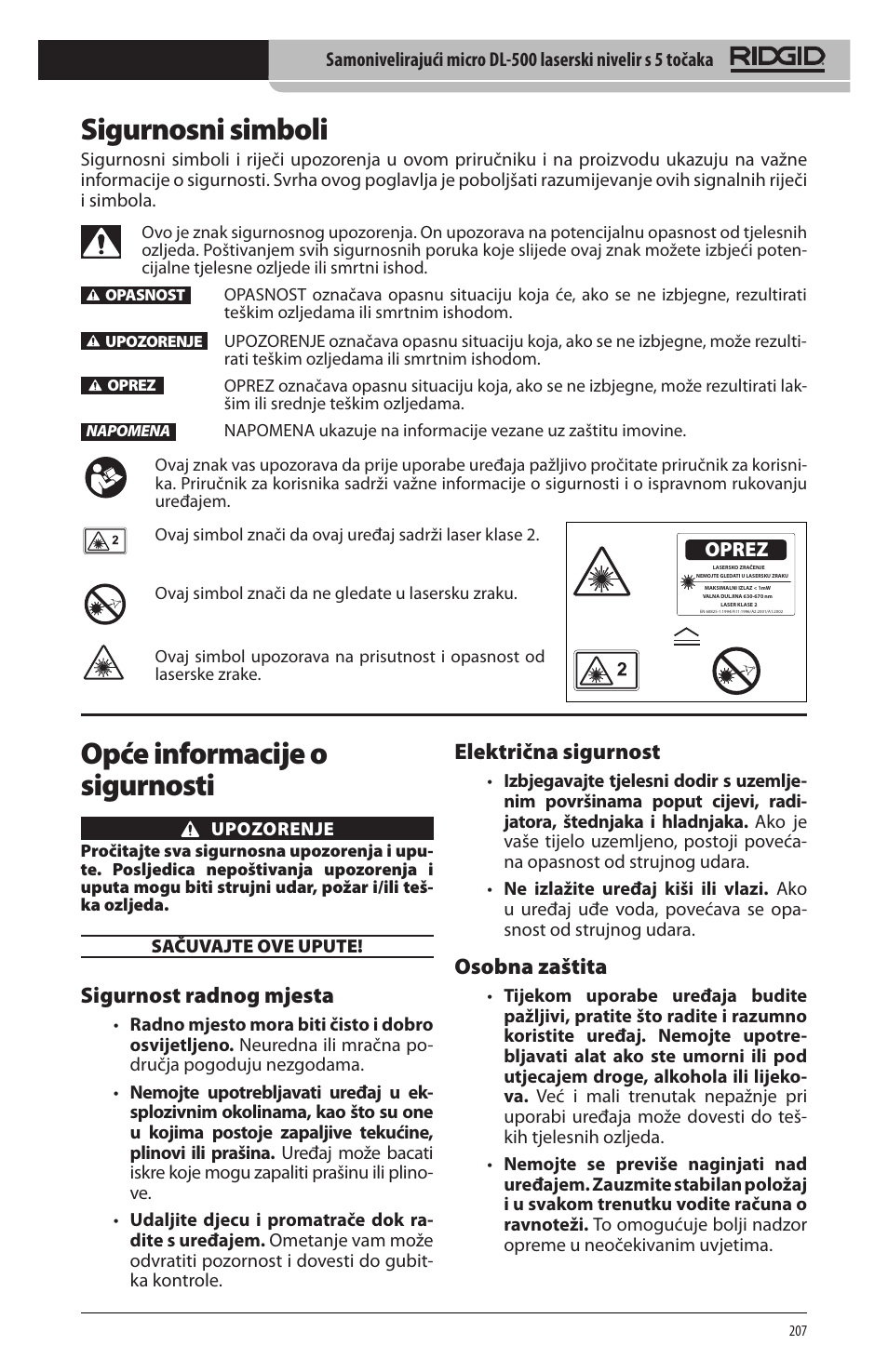 Sigurnosni simboli, Opće informacije o sigurnosti, Sigurnost radnog mjesta | Električna sigurnost, Osobna zaštita | RIDGID micro DL-500 User Manual | Page 209 / 270