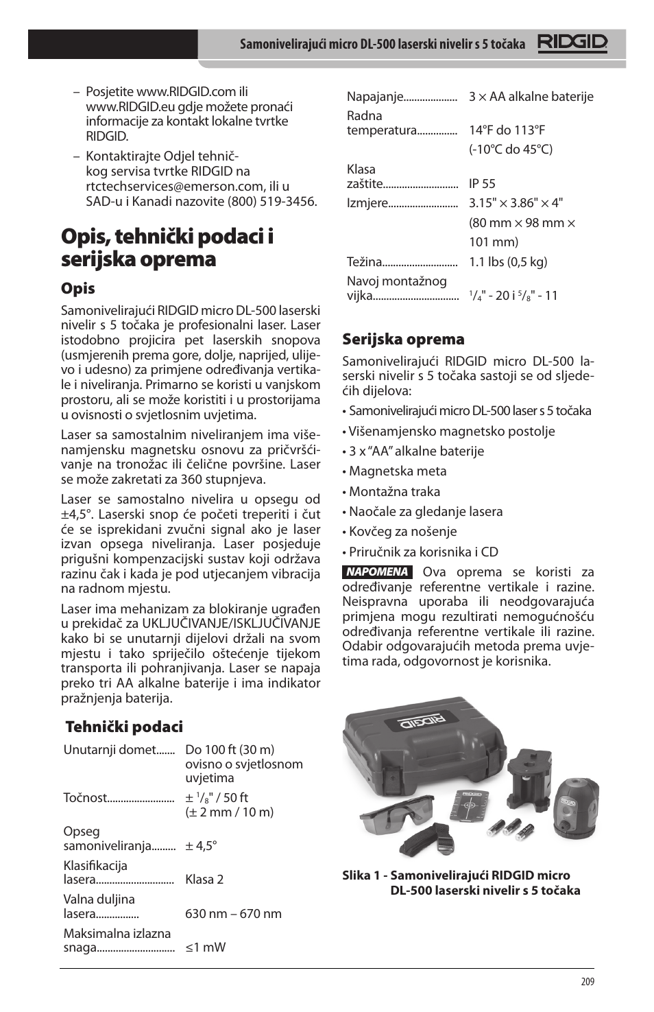 Opis, tehnički podaci i serijska oprema, Opis, Tehnički podaci | Serijska oprema | RIDGID micro DL-500 User Manual | Page 211 / 270