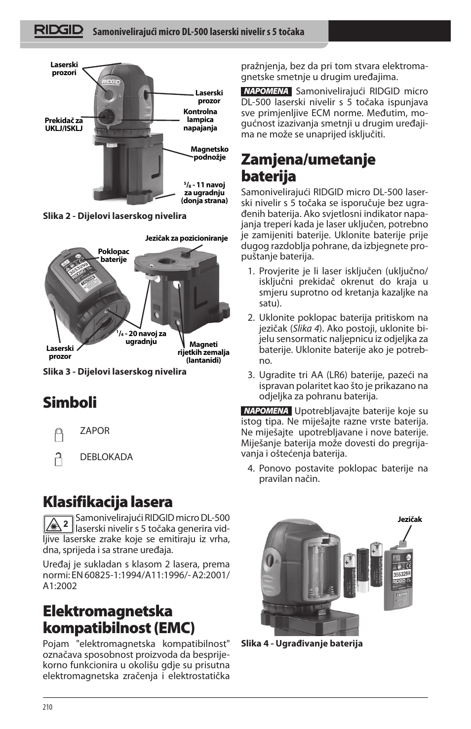 Simboli, Klasifikacija lasera, Elektromagnetska kompatibilnost (emc) | Zamjena/umetanje baterija | RIDGID micro DL-500 User Manual | Page 212 / 270