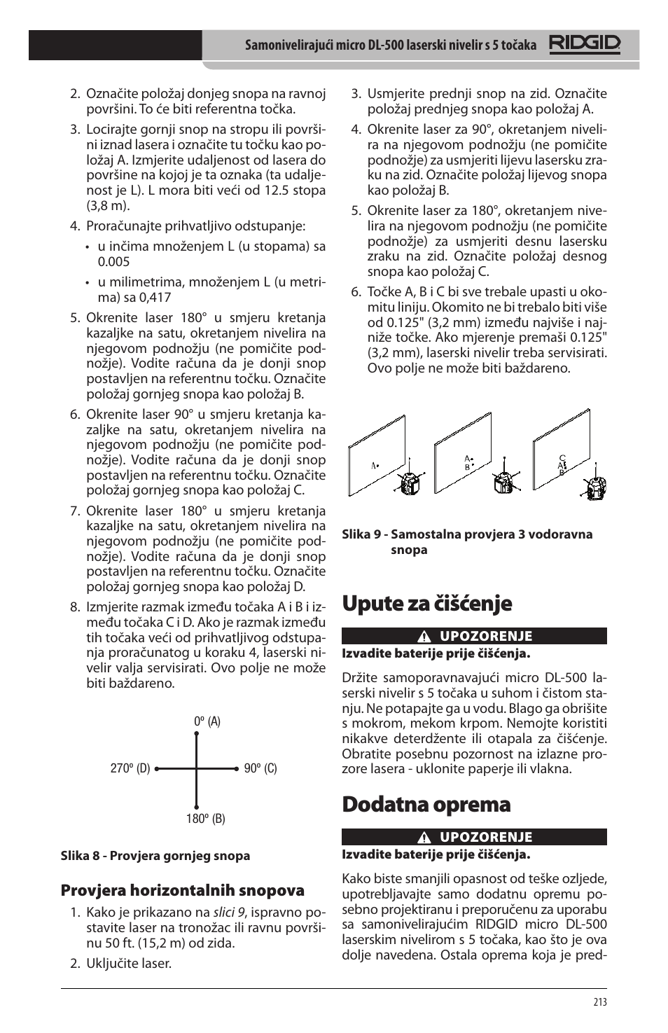 Upute za čišćenje, Dodatna oprema, Provjera horizontalnih snopova | RIDGID micro DL-500 User Manual | Page 215 / 270