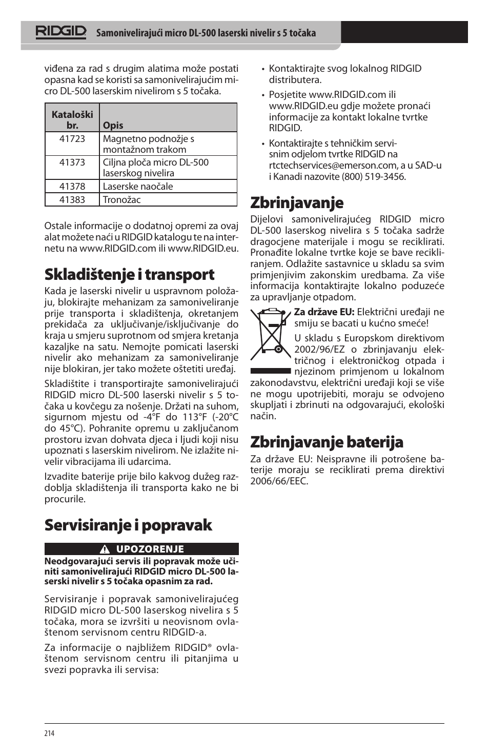 Skladištenje i transport, Servisiranje i popravak, Zbrinjavanje | Zbrinjavanje baterija | RIDGID micro DL-500 User Manual | Page 216 / 270