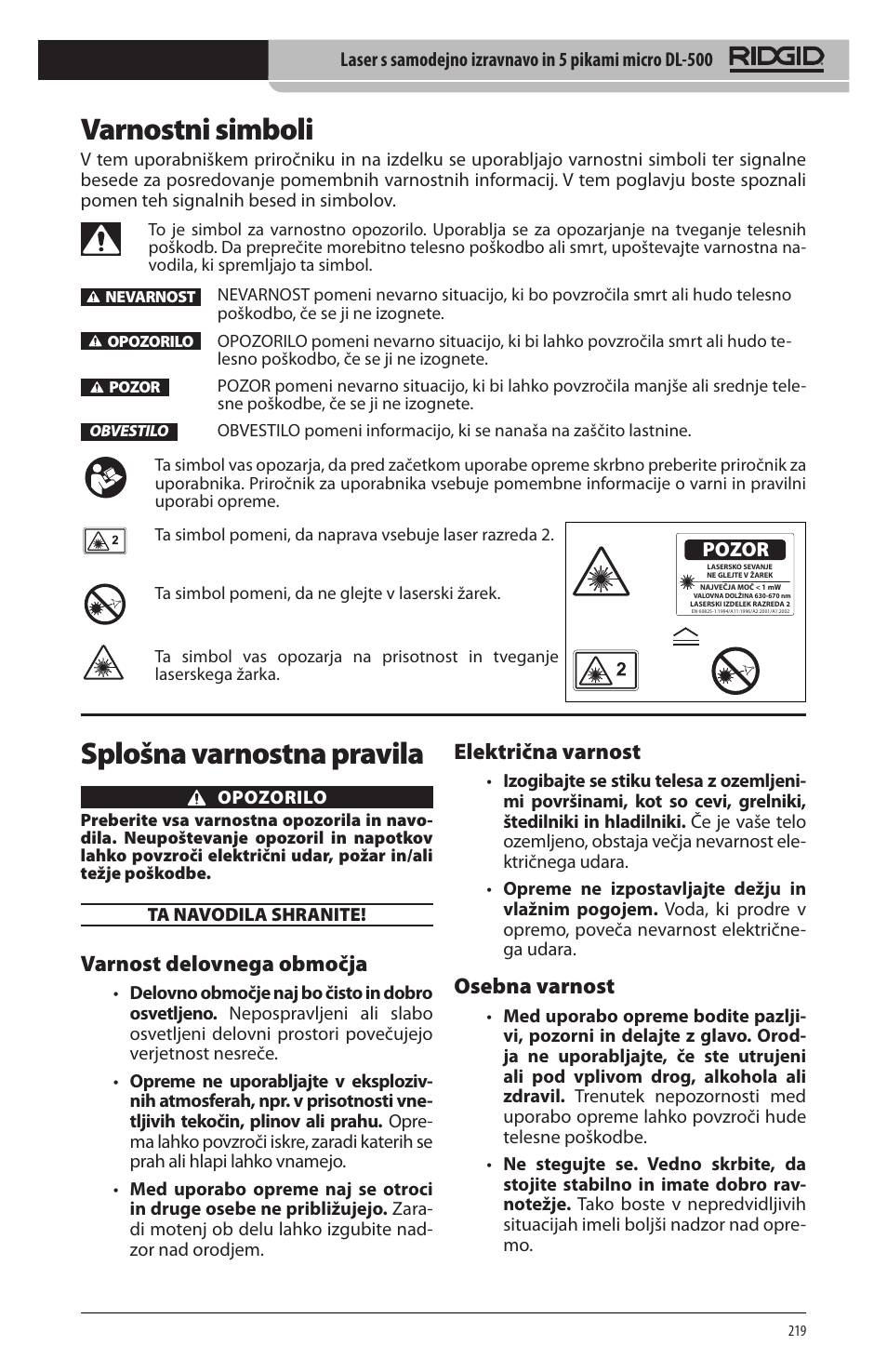 Varnostni simboli, Splošna varnostna pravila, Varnost delovnega območja | Električna varnost, Osebna varnost | RIDGID micro DL-500 User Manual | Page 221 / 270