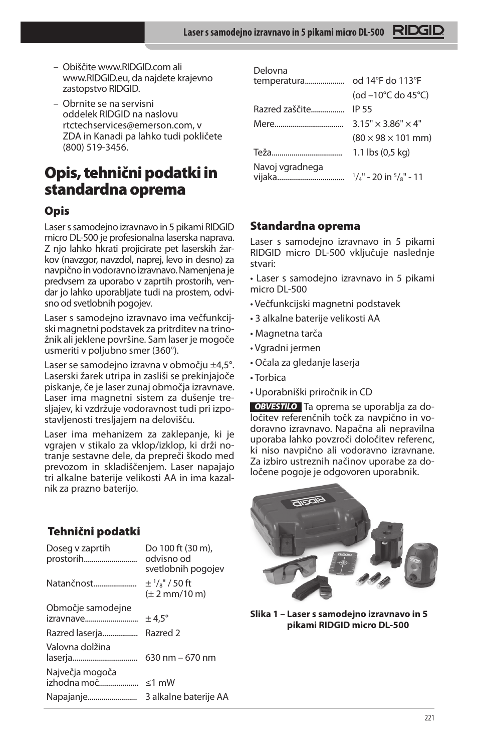 Opis, tehnični podatki in standardna oprema, Opis, Tehnični podatki | Standardna oprema | RIDGID micro DL-500 User Manual | Page 223 / 270