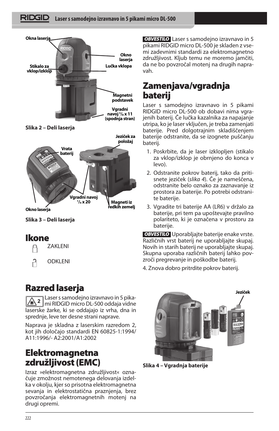 Ikone, Razred laserja, Elektromagnetna združljivost (emc) | Zamenjava/vgradnja baterij | RIDGID micro DL-500 User Manual | Page 224 / 270