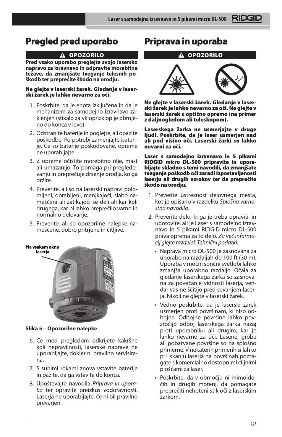 Priprava in uporaba, Pregled pred uporabo | RIDGID micro DL-500 User Manual | Page 225 / 270