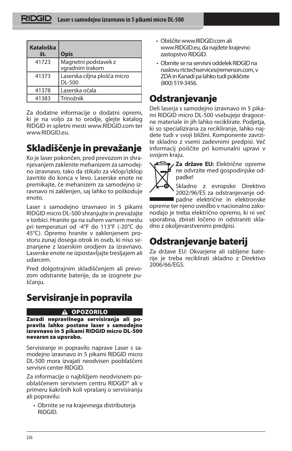 Skladiščenje in prevažanje, Servisiranje in popravila, Odstranjevanje | Odstranjevanje baterij | RIDGID micro DL-500 User Manual | Page 228 / 270