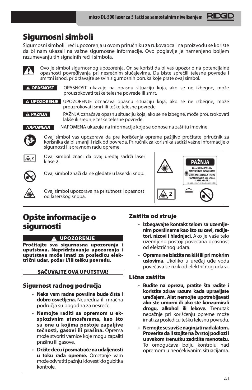 Sigurnosni simboli, Opšte informacije o sigurnosti, Sigurnost radnog područja | Zaštita od struje, Lična zaštita, Pažnja | RIDGID micro DL-500 User Manual | Page 233 / 270