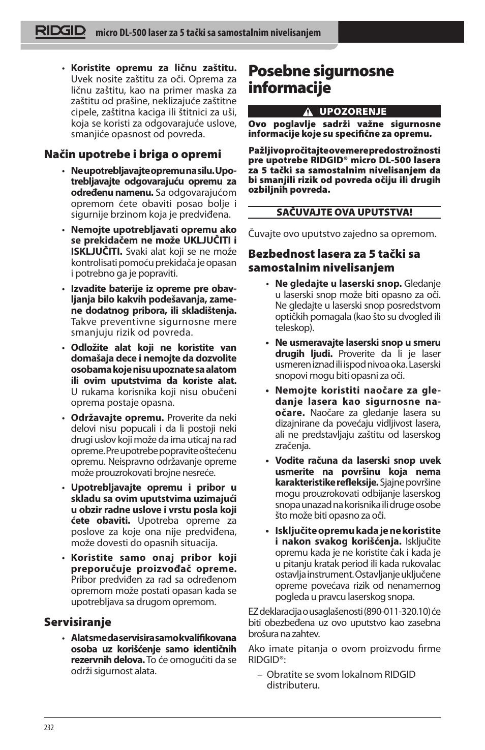 Posebne sigurnosne informacije, Način upotrebe i briga o opremi, Servisiranje | RIDGID micro DL-500 User Manual | Page 234 / 270