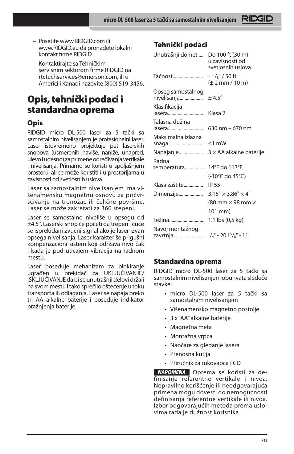 Opis, tehnički podaci i standardna oprema, Opis, Tehnički podaci | Standardna oprema | RIDGID micro DL-500 User Manual | Page 235 / 270