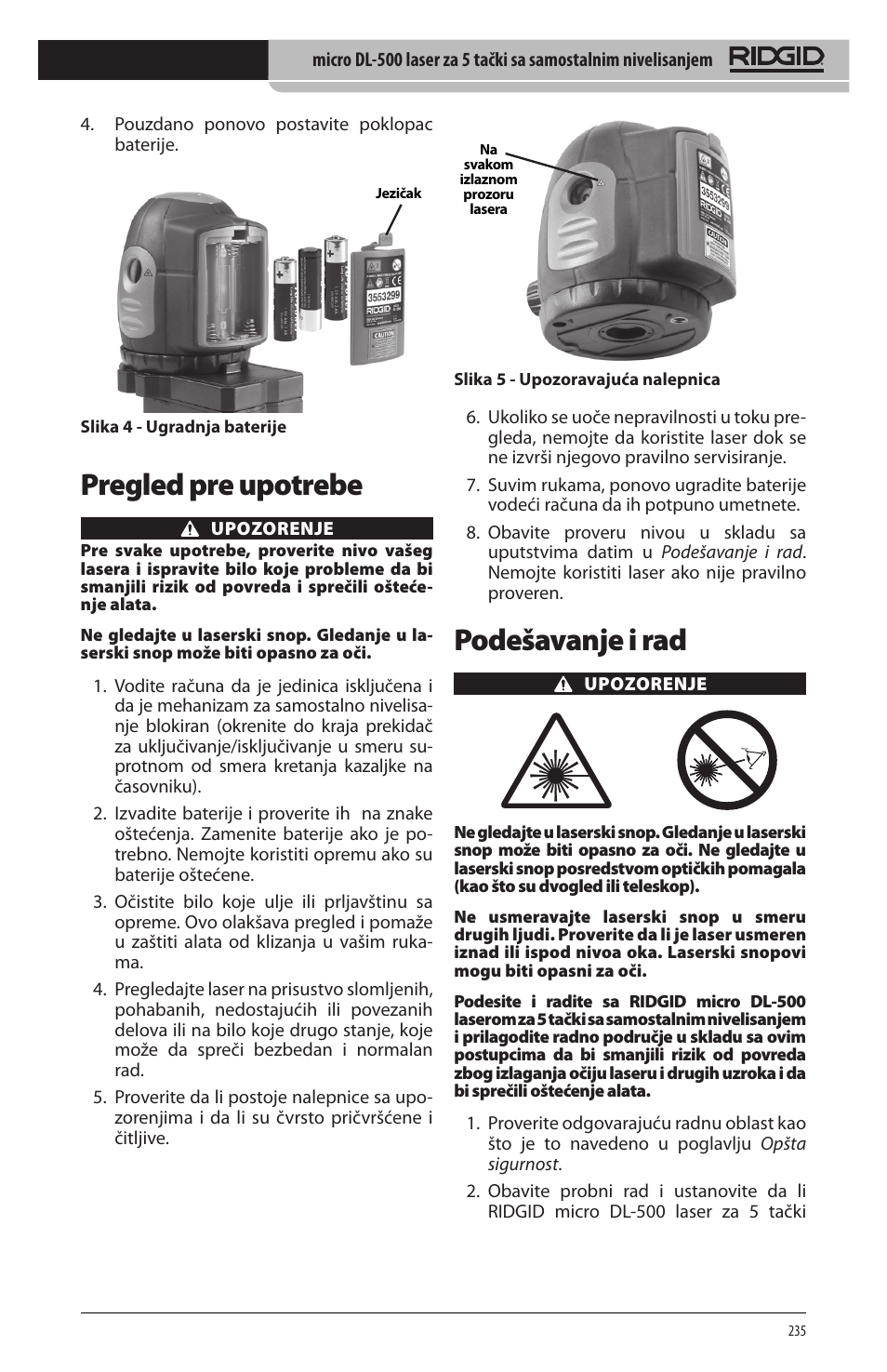 Podešavanje i rad, Pregled pre upotrebe | RIDGID micro DL-500 User Manual | Page 237 / 270