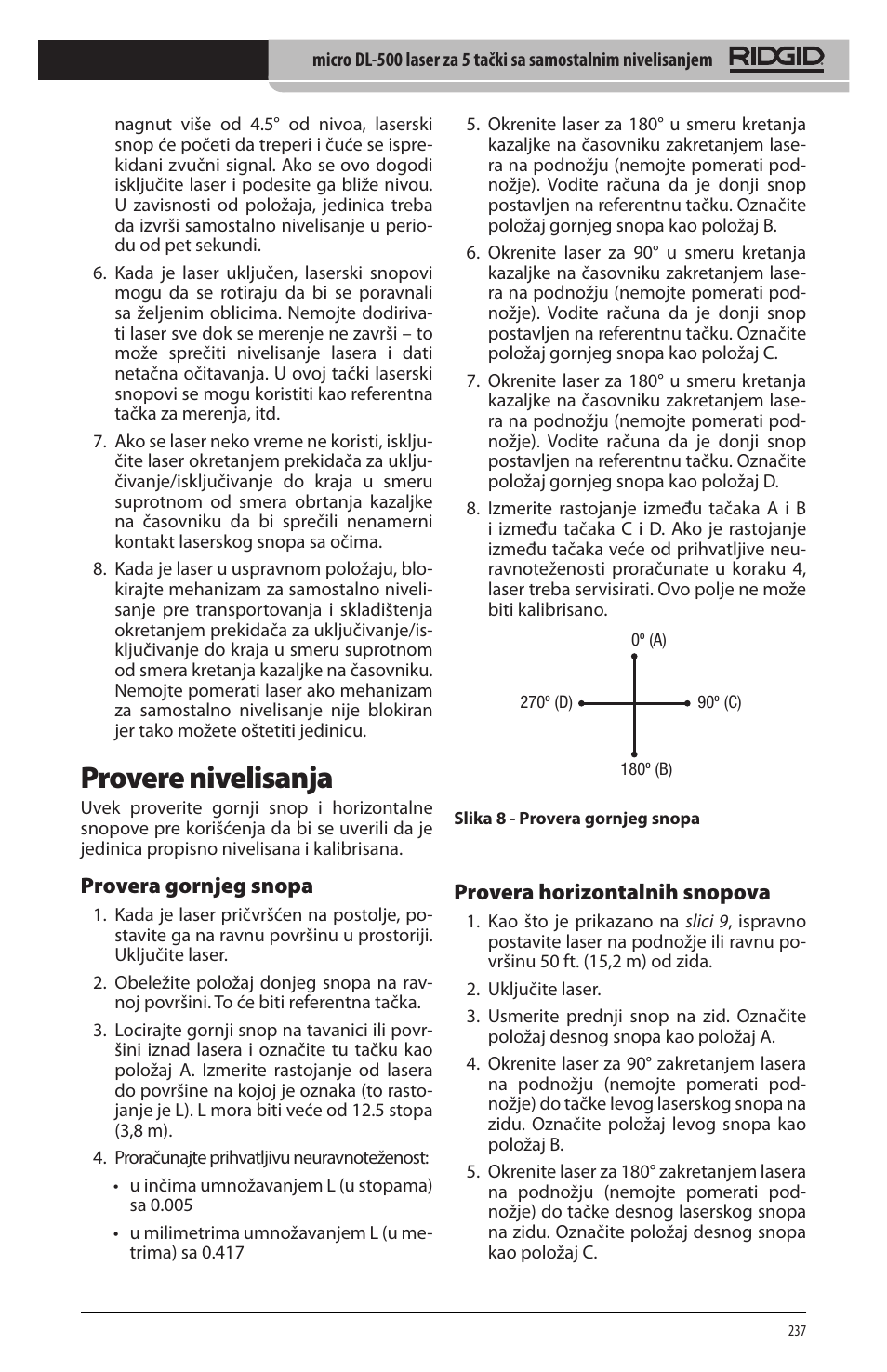 Provere nivelisanja, Provera gornjeg snopa, Provera horizontalnih snopova | RIDGID micro DL-500 User Manual | Page 239 / 270