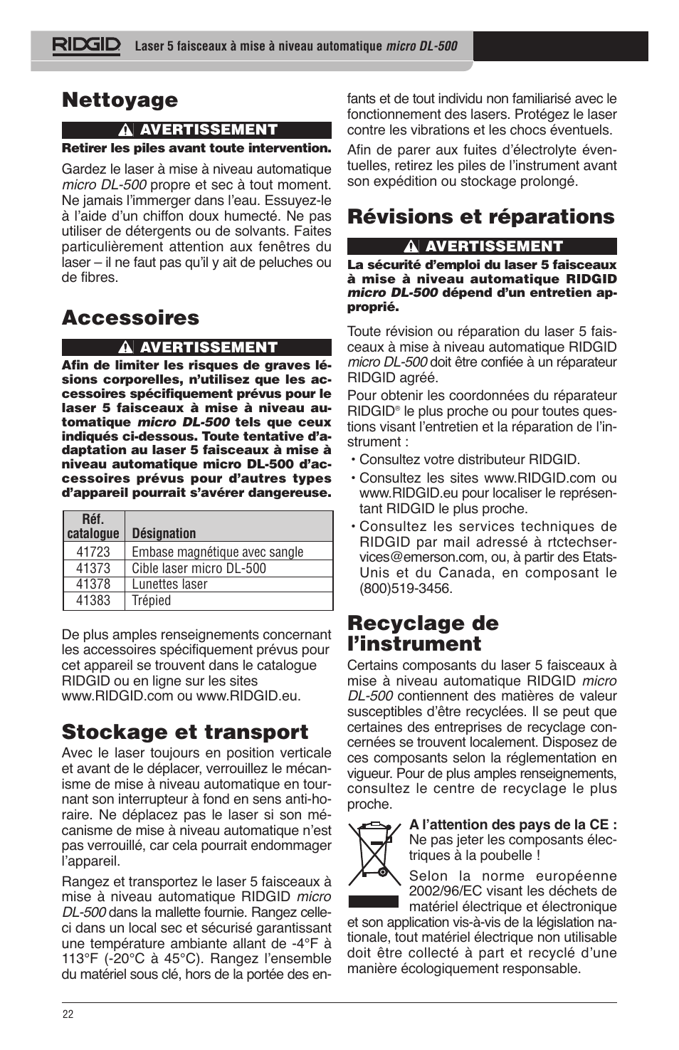 Nettoyage, Accessoires, Stockage et transport | Révisions et réparations, Recyclage de l’instrument | RIDGID micro DL-500 User Manual | Page 24 / 270