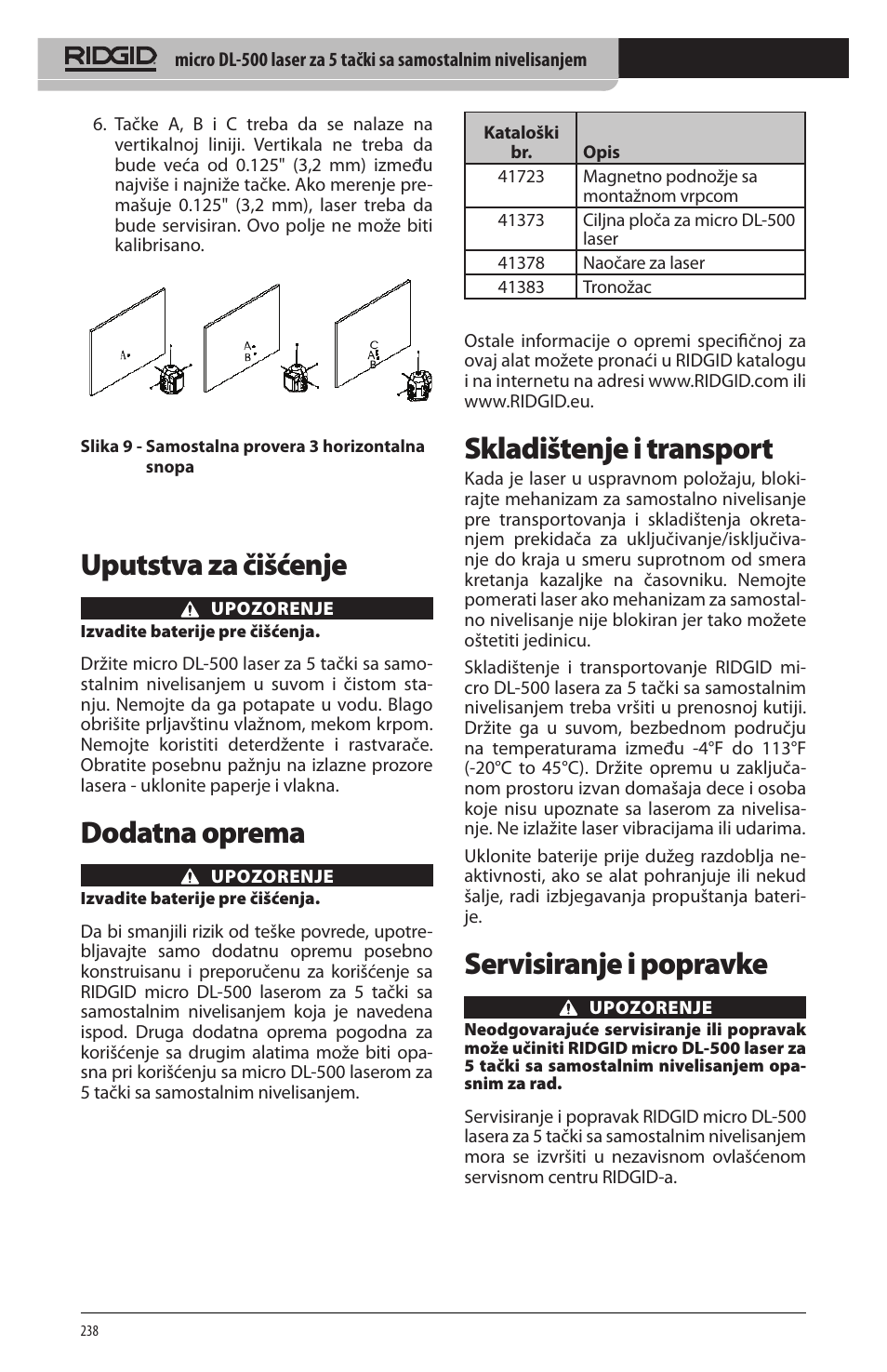 Uputstva za čišćenje, Dodatna oprema, Skladištenje i transport | Servisiranje i popravke | RIDGID micro DL-500 User Manual | Page 240 / 270