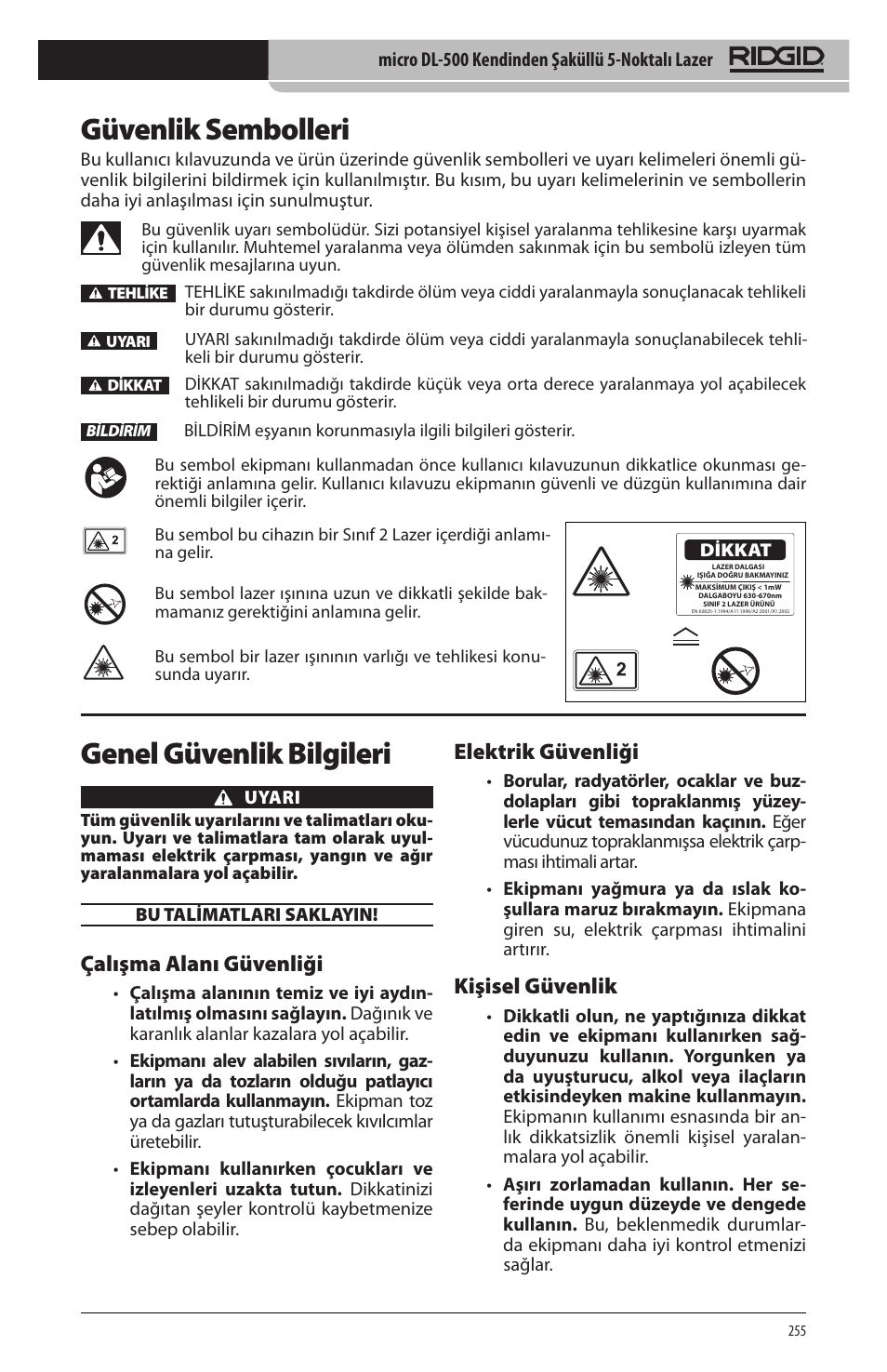 Güvenlik sembolleri, Genel güvenlik bilgileri, Çalışma alanı güvenliği | Elektrik güvenliği, Kişisel güvenlik | RIDGID micro DL-500 User Manual | Page 257 / 270