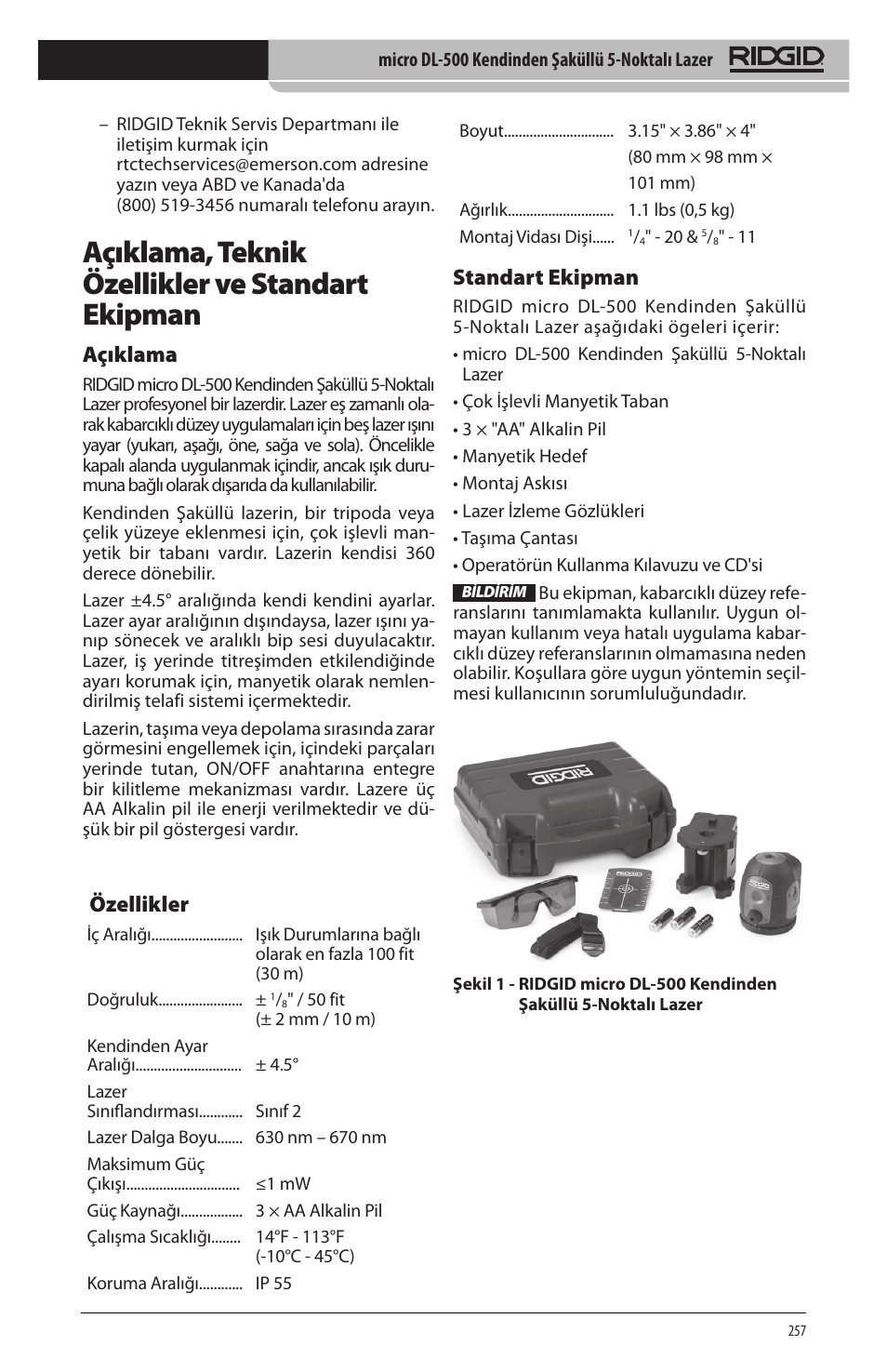 Açıklama, teknik özellikler ve standart ekipman, Açıklama, Özellikler | Standart ekipman | RIDGID micro DL-500 User Manual | Page 259 / 270