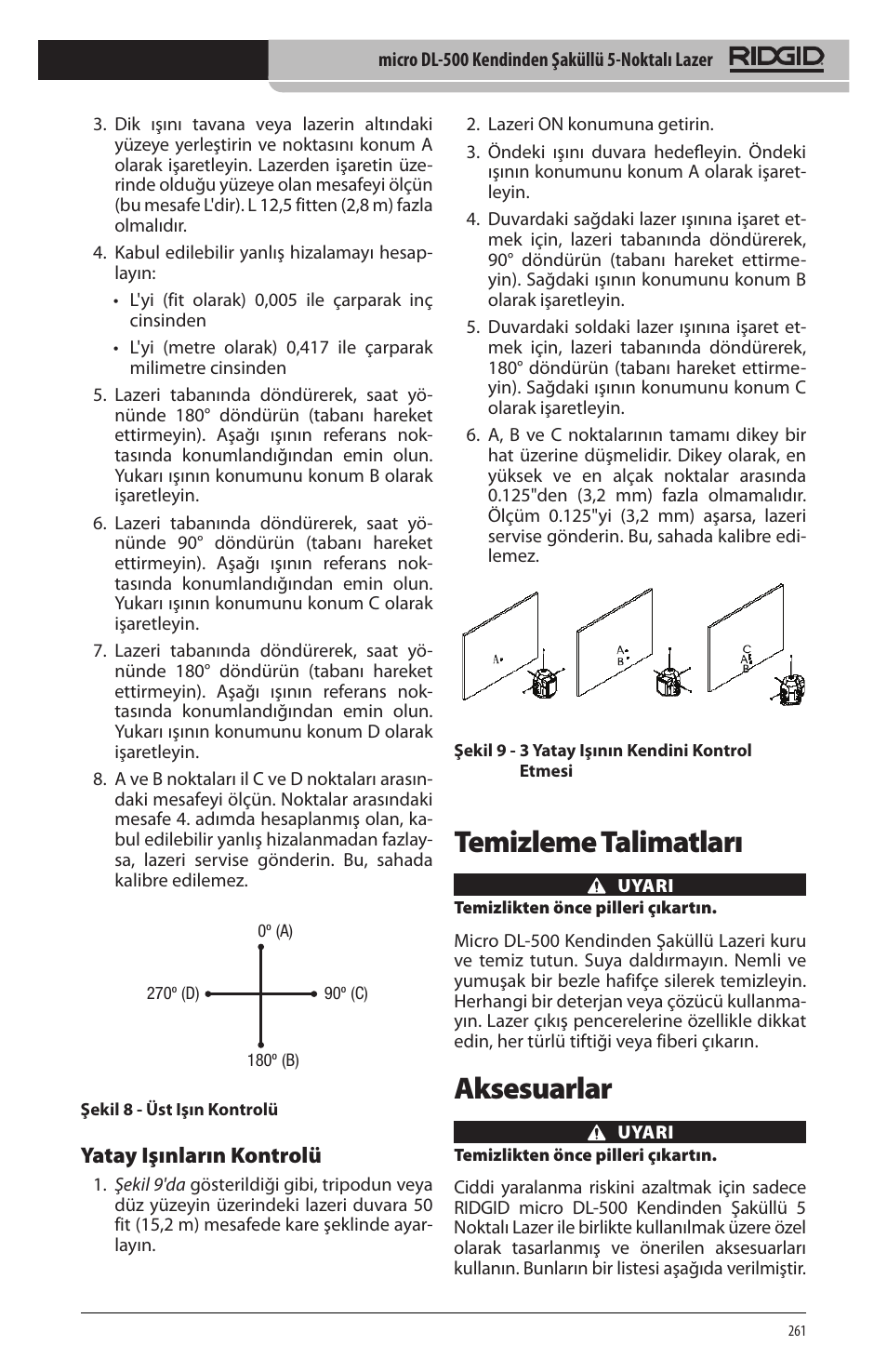 Temizleme talimatları, Aksesuarlar, Yatay işınların kontrolü | RIDGID micro DL-500 User Manual | Page 263 / 270