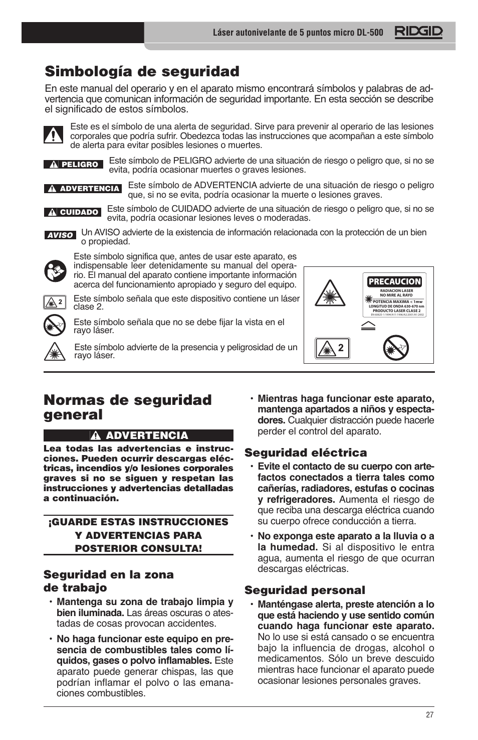 Simbología de seguridad, Normas de seguridad general, Seguridad eléctrica | Seguridad personal, Seguridad en la zona de trabajo | RIDGID micro DL-500 User Manual | Page 29 / 270